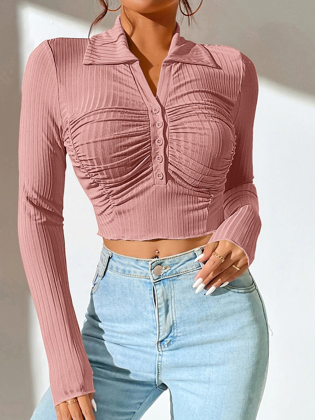 

Stylecast X Slyck Ribbed Spread Collar Ruched Shirt Style Crop Top, Pink