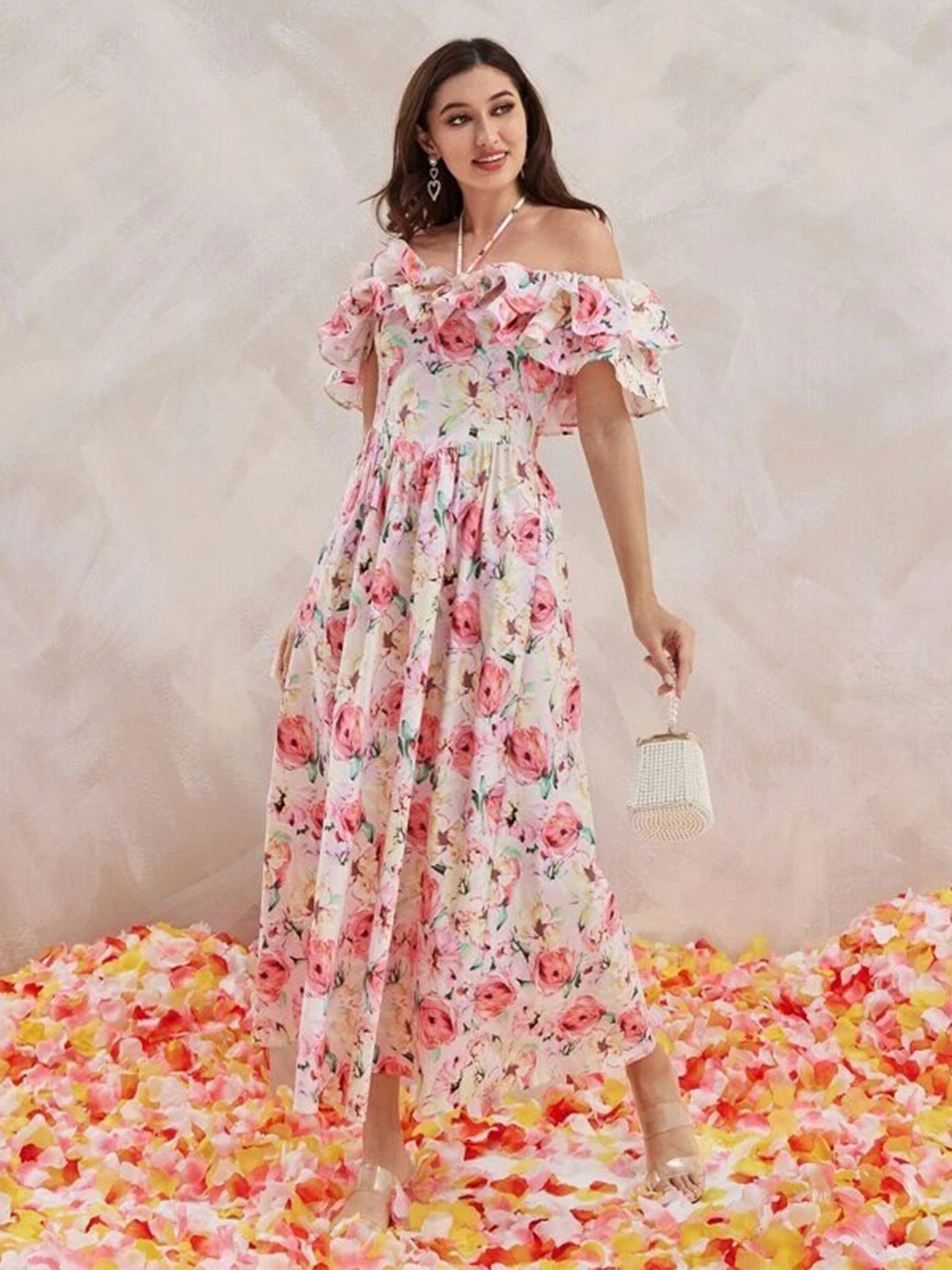 

Stylecast X Slyck Floral Printed Halter Neck Ruffled A-Line Maxi Dress, Pink