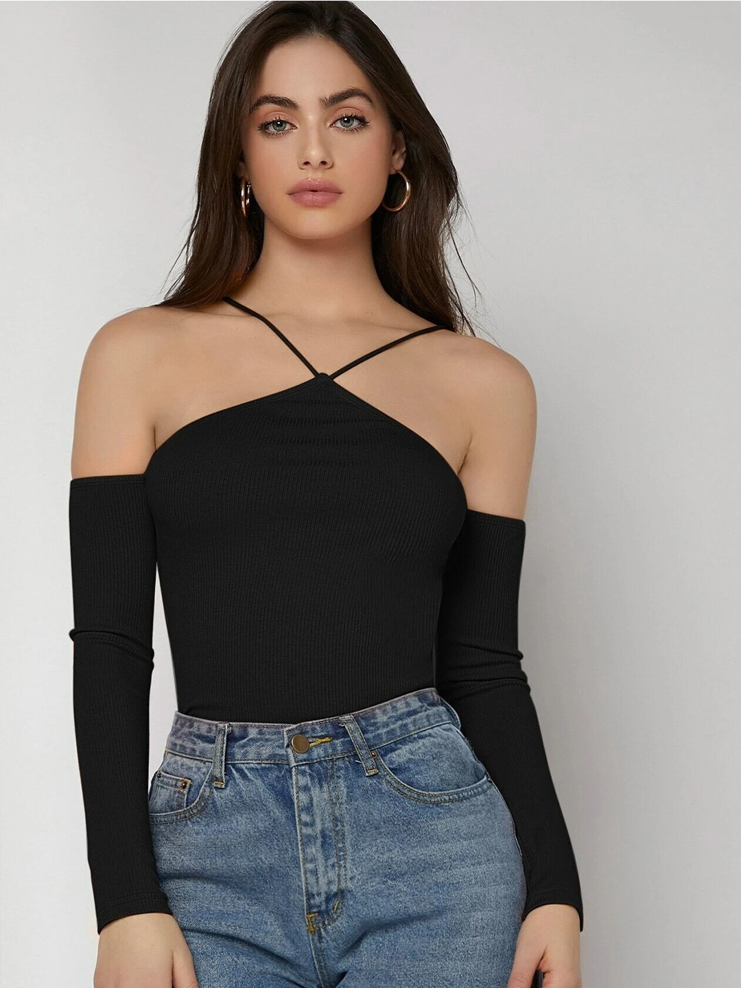 

Stylecast X Slyck Self Design Halter Neck Cold-Shoulder Sleeves Top, Black