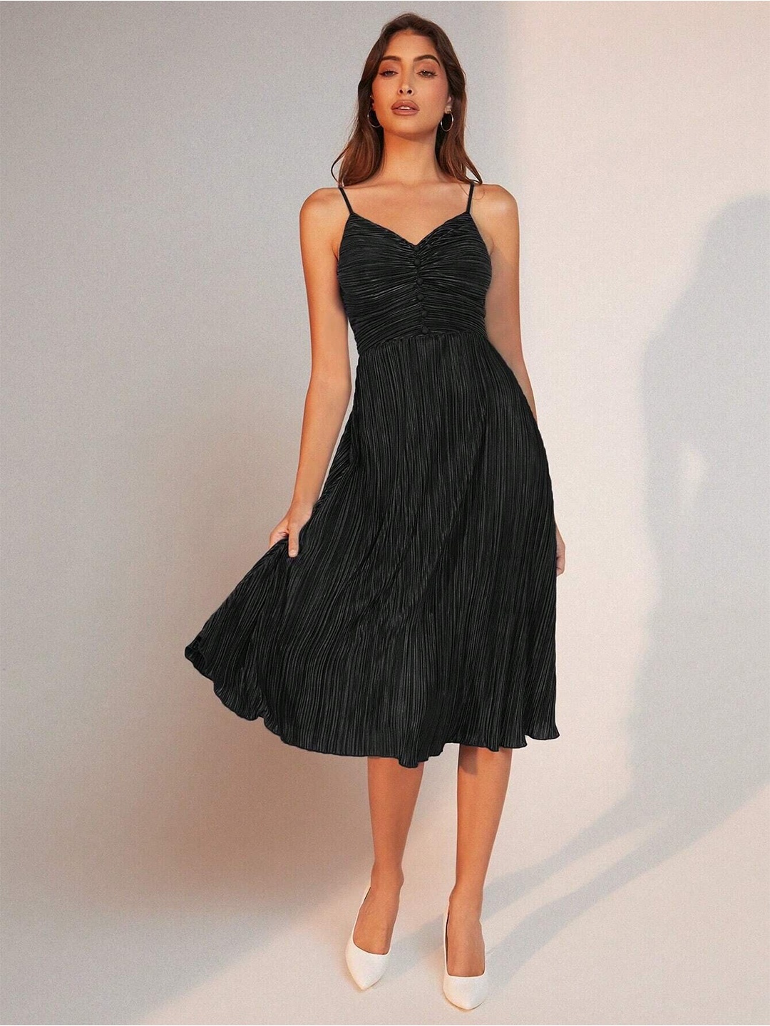 

Stylecast X Slyck Self Design Shoulder Straps Fit Flare Midi Dress, Black
