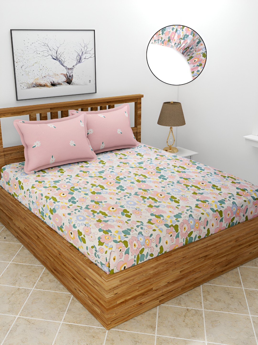 

BREVARD Pink & Blue Floral 210 TC King Size Fitted Bedsheet with 2 Pillow Covers