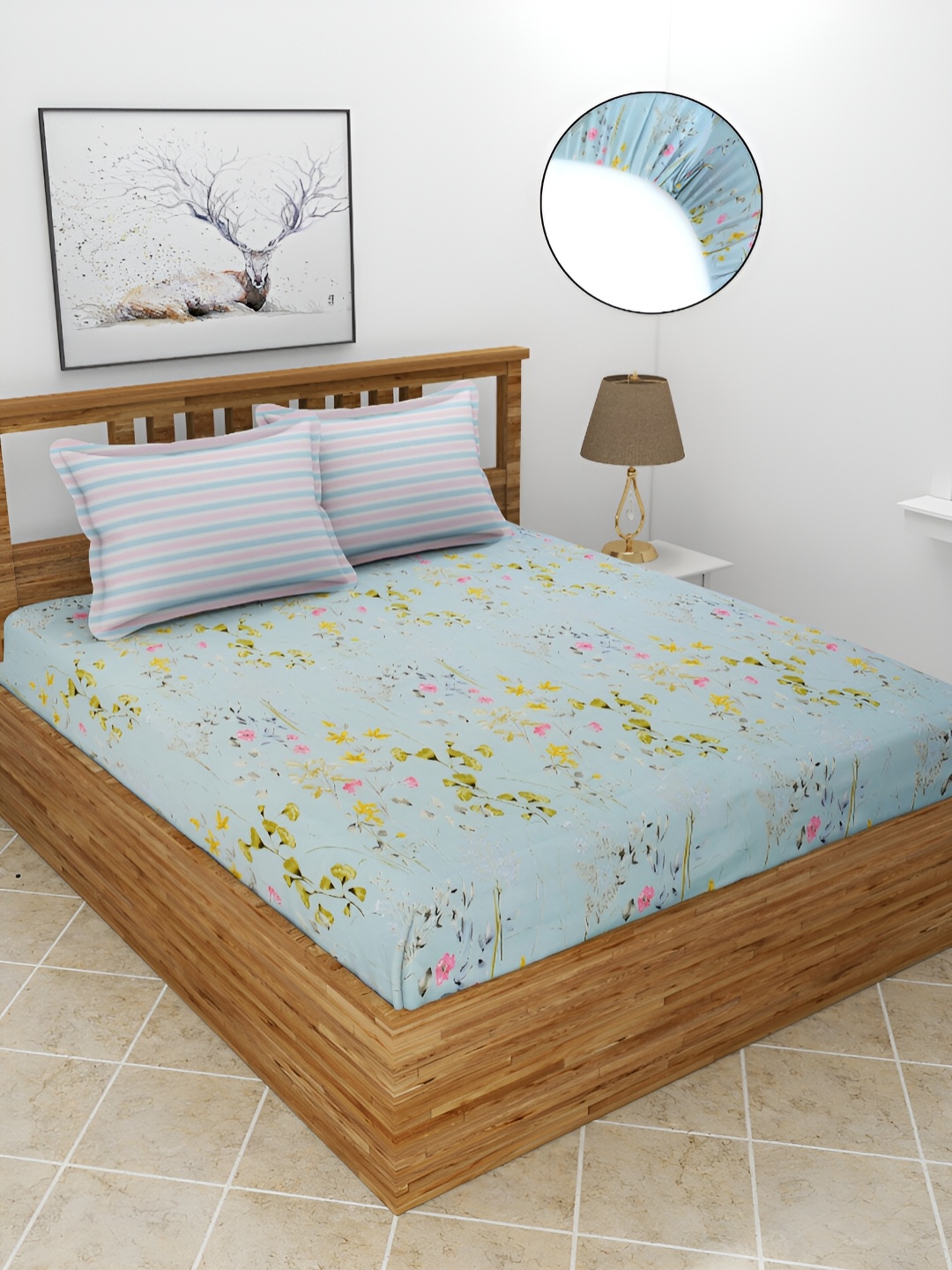 

BREVARD Blue & Pink Floral 210 TC King Size Fitted Bedsheet with 2 Pillow Covers