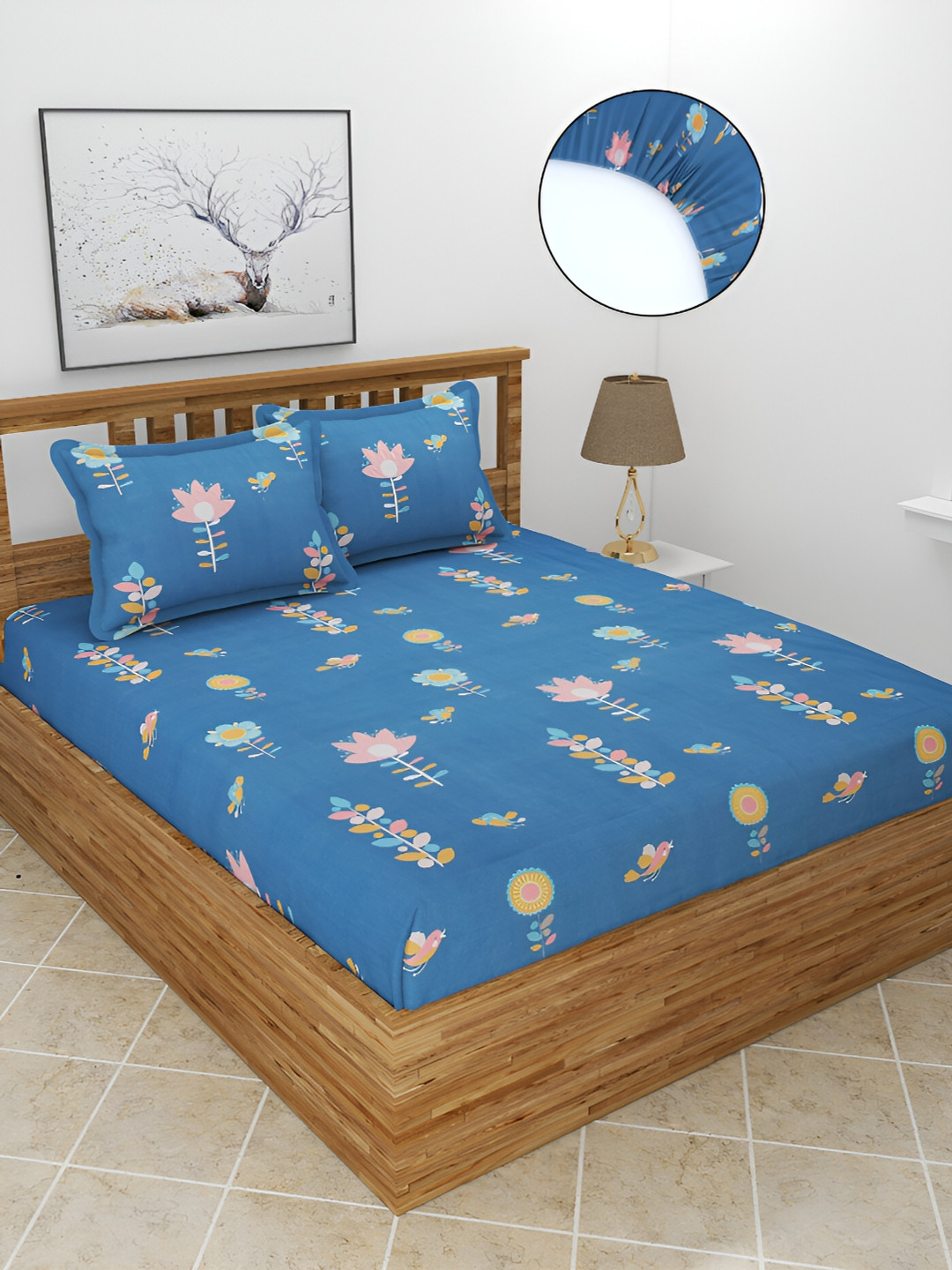 

BREVARD Blue & Pink Floral 210 TC Queen Size Fitted Bedsheet with 2 Pillow Covers