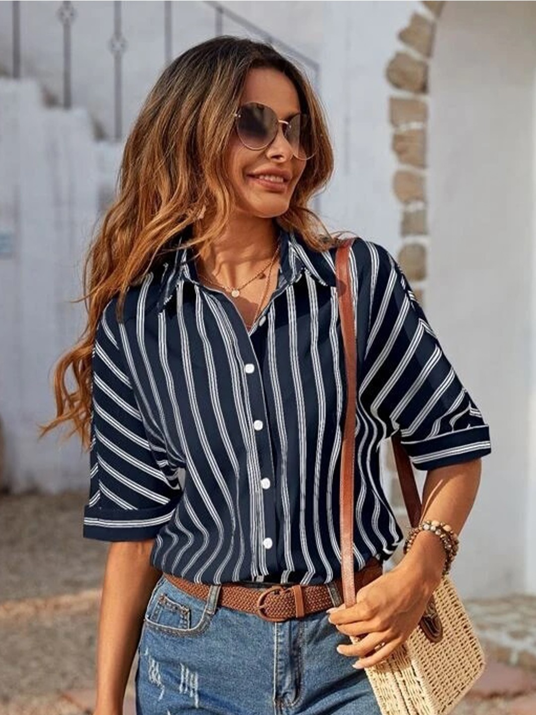 

Stylecast X Slyck Vertical Striped Extended Sleeves Comfort Regular Fit Casual Shirt, Navy blue