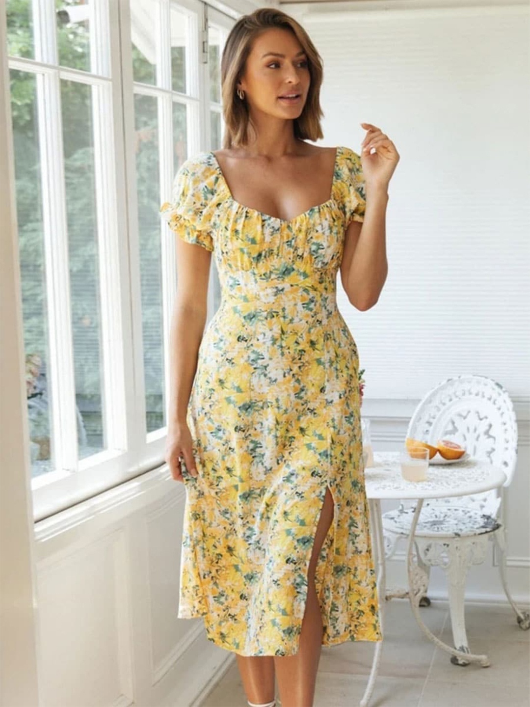 

Stylecast X Slyck Yellow Floral Print Square Neck Puff Sleeves A-Line Midi Dress