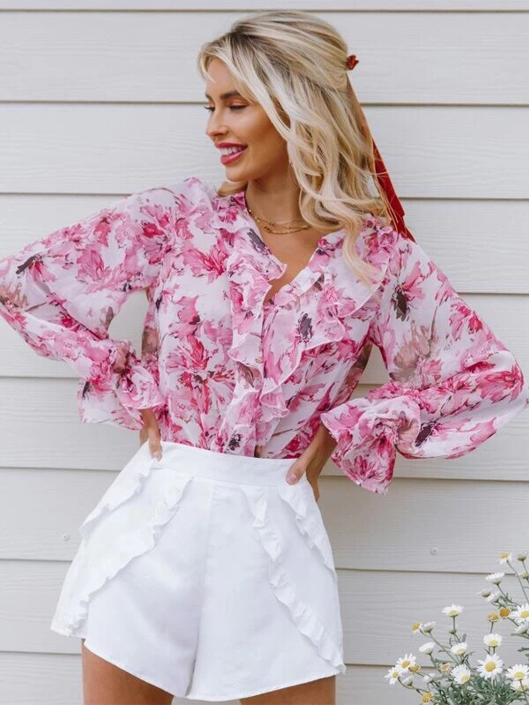 

Stylecast X Slyck Floral Printed Ruffled Shirt Style Top, Pink