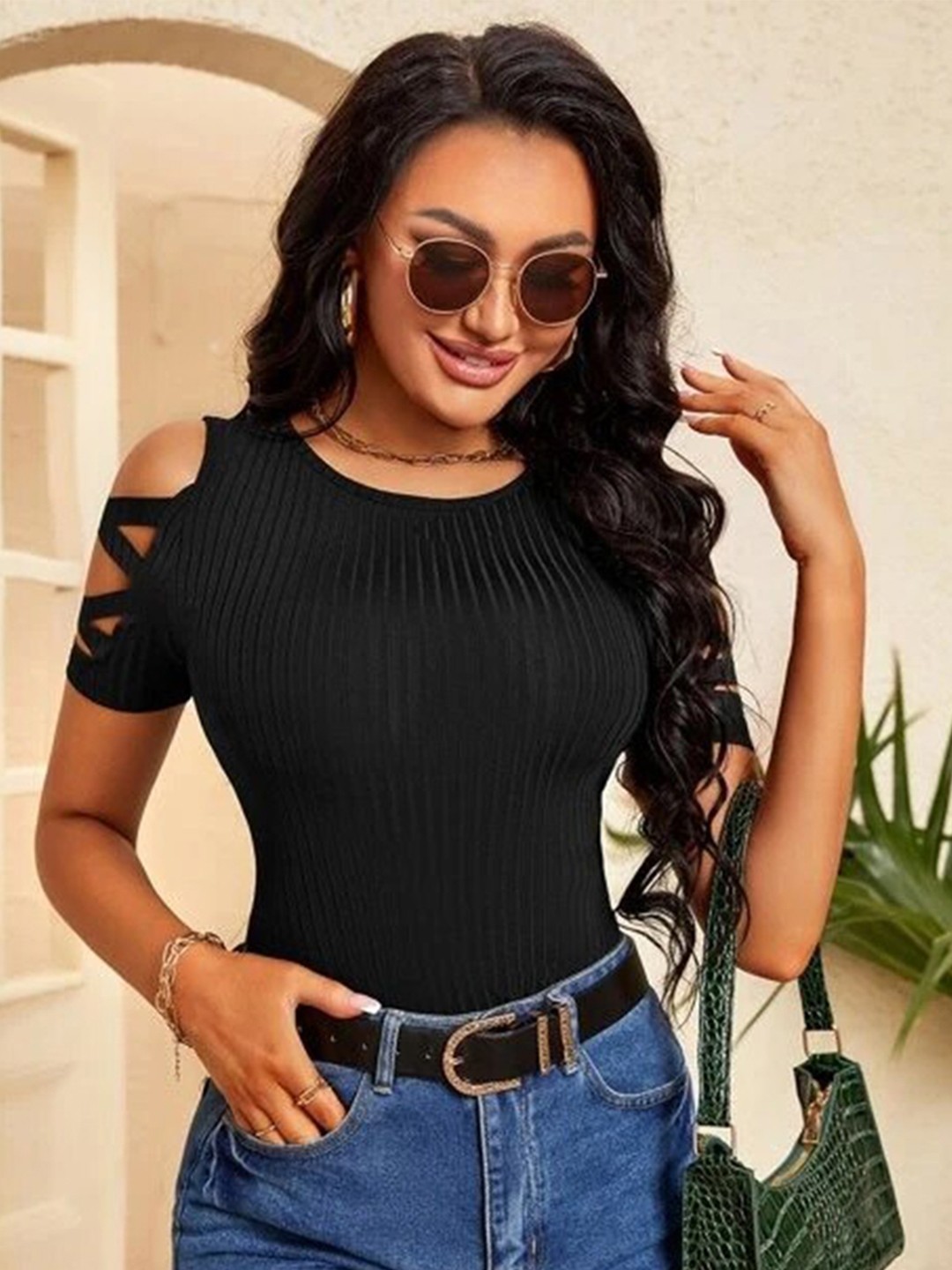 

Stylecast X Slyck Black Self Design Cold-Shoulder Sleeves Fitted Top