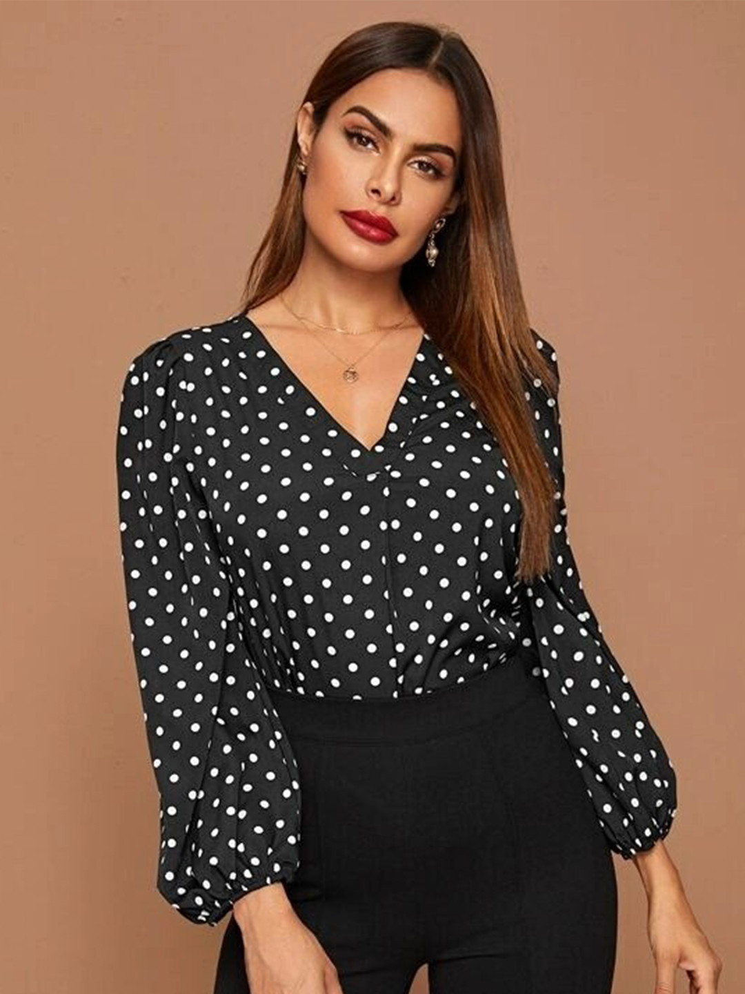 

Stylecast X Slyck Polka Dots Printed V-Neck Puff Sleeves Top, Black