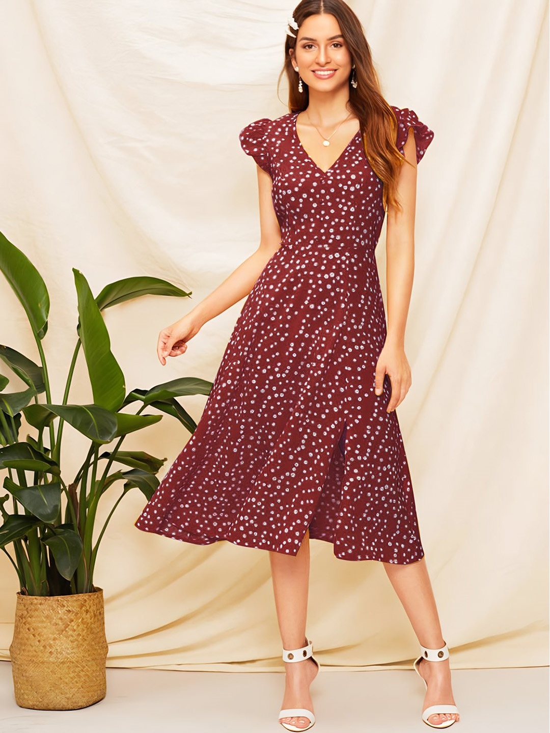 

Stylecast X Slyck Polka Dot Printed Cap Sleeve A-Line Midi Dress, Maroon