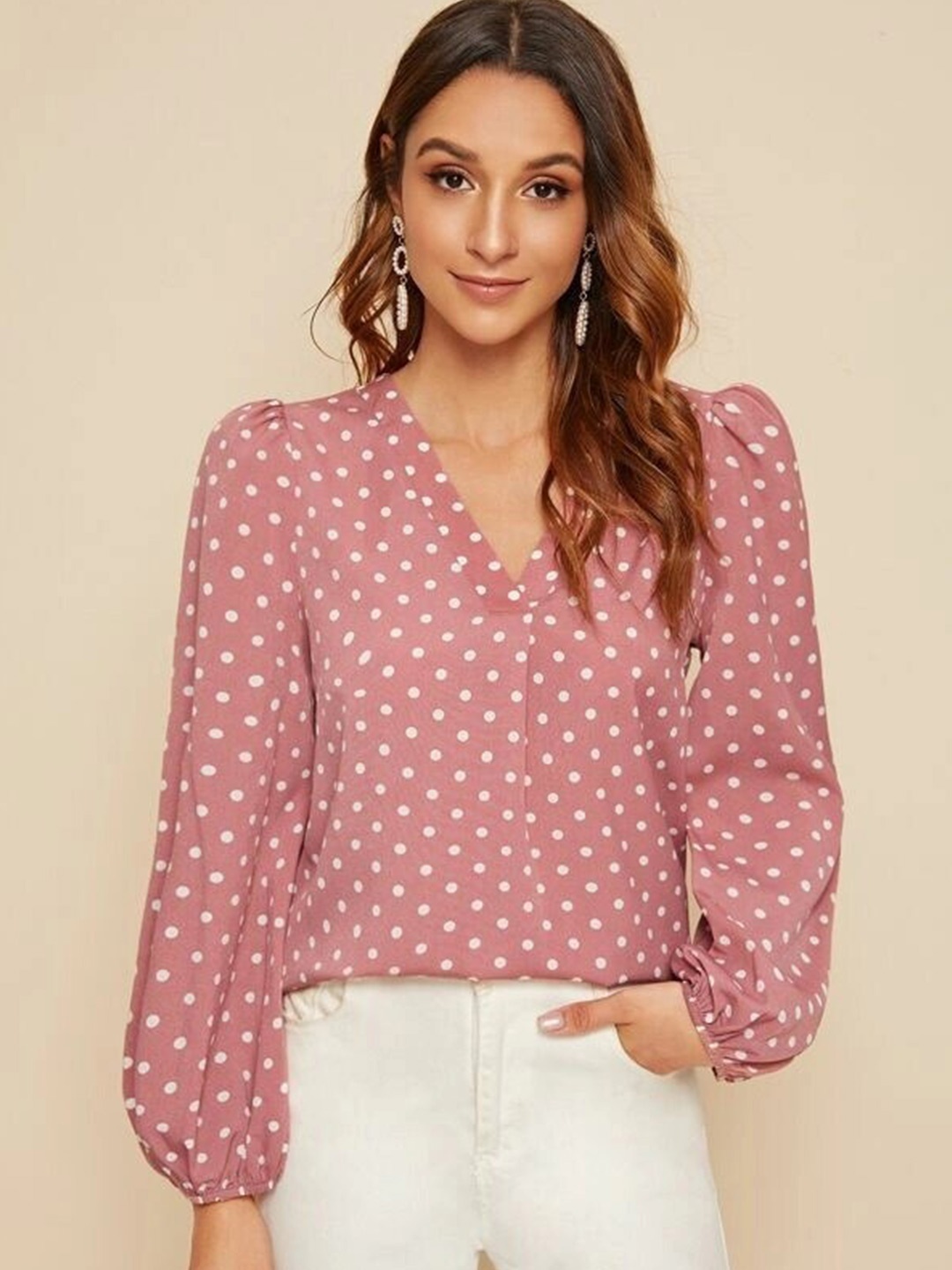 

Stylecast X Slyck Polka Dot Printed Puff Sleeve Top, Pink
