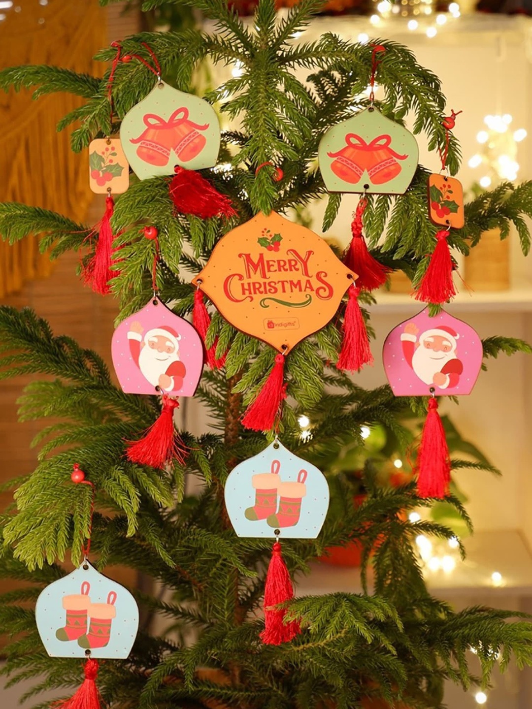 

Indigifts Yellow & Red 9 Pieces Christmas Small Hanging Festive Decor