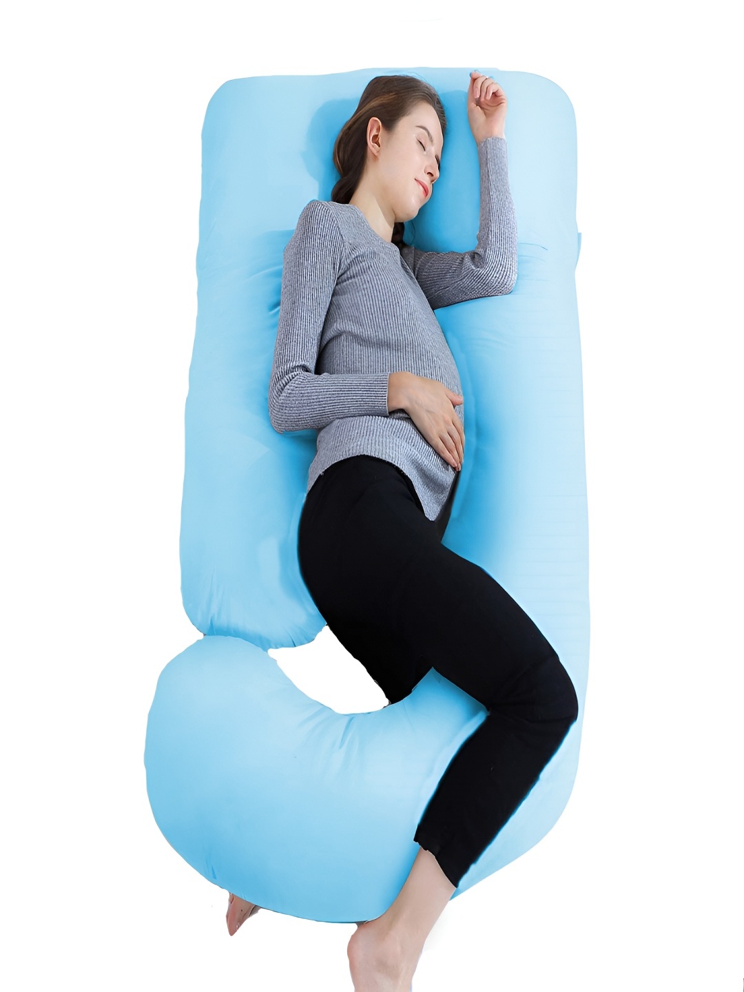 Mom's Moon Turquoise Blue Cotton Lightweight Maternity J Shaped Pillow