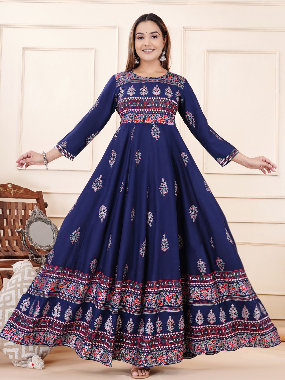 

DRESSAR Ethnic Motifs Printed A Line Maxi Ethnic Dress, Navy blue