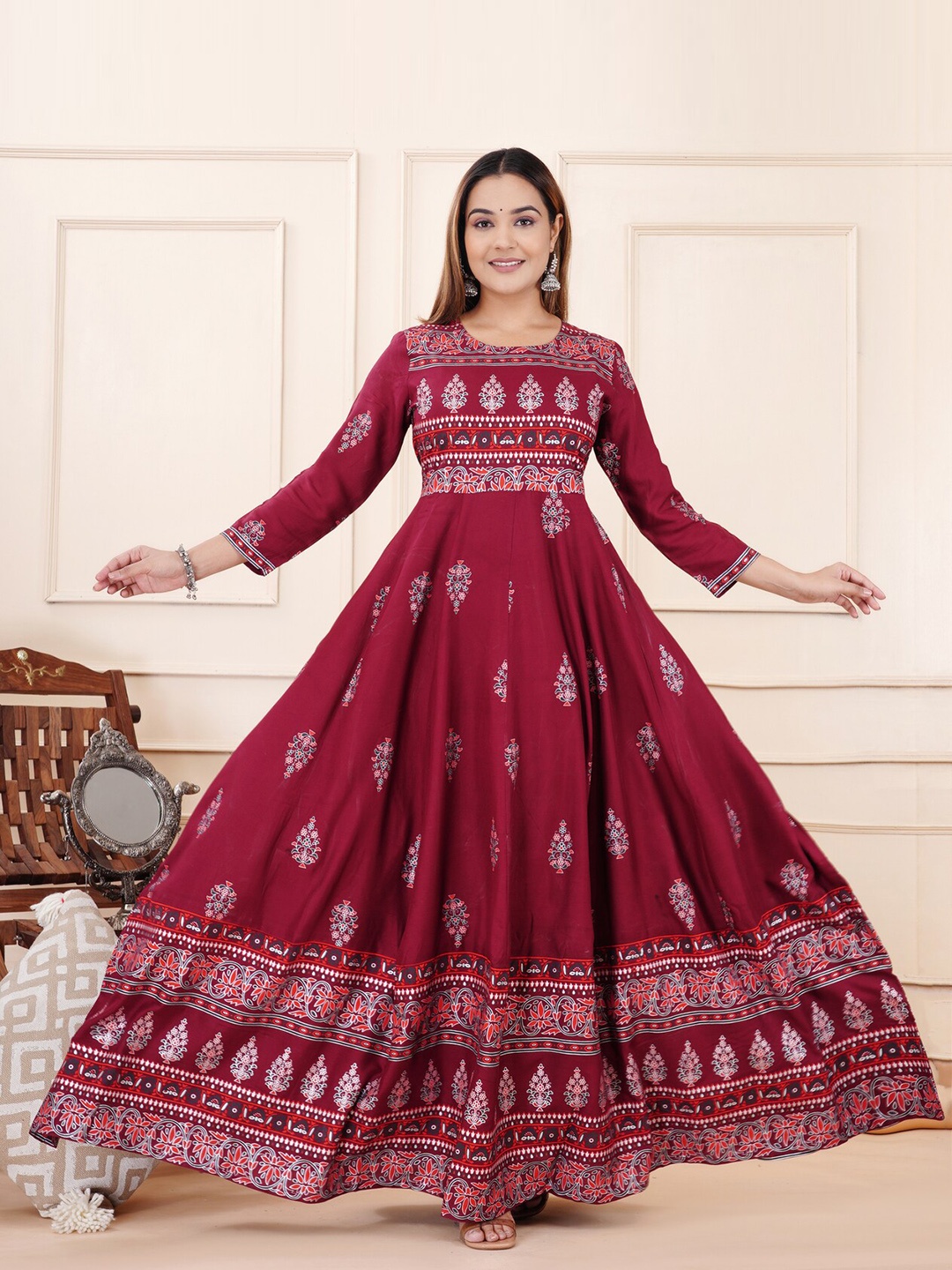 

DRESSAR Ethnic Motifs Printed A Line Maxi Ethnic Dress, Maroon