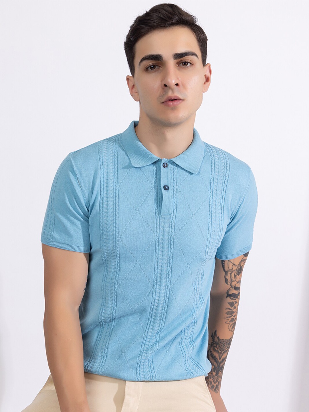 

ARMISTO Self Design Knitted Polo Collar Pure Cotton T-shirt, Blue