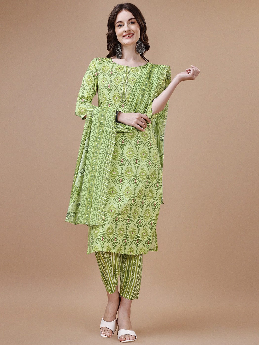 

KALINI Ethnic Motifs Printed Pure Cotton Straight Kurta With Trousers & Dupatta, Green