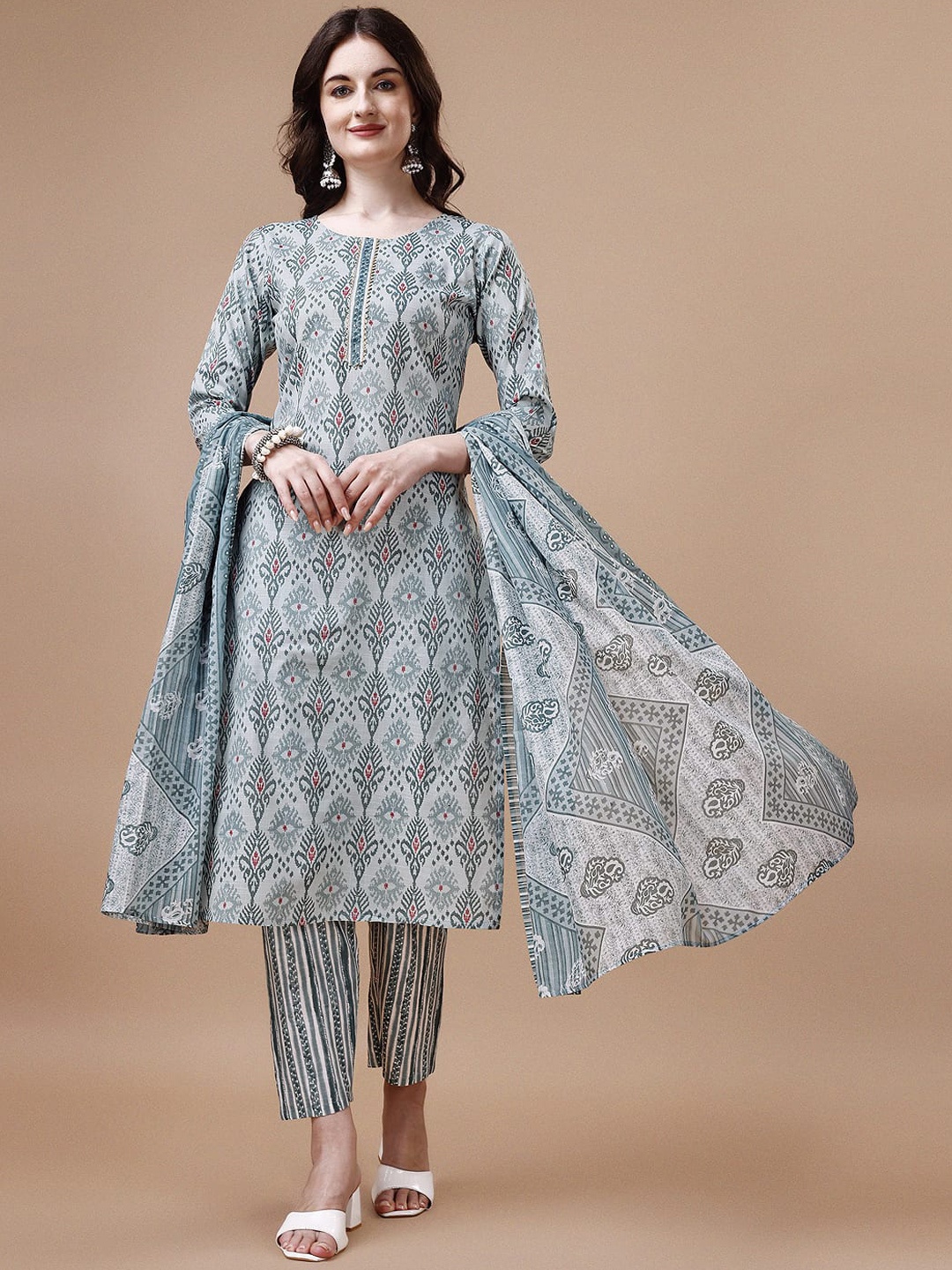 

KALINI Ethnic Motifs Printed Pure Cotton Straight Kurta With Trousers & Dupatta, Blue