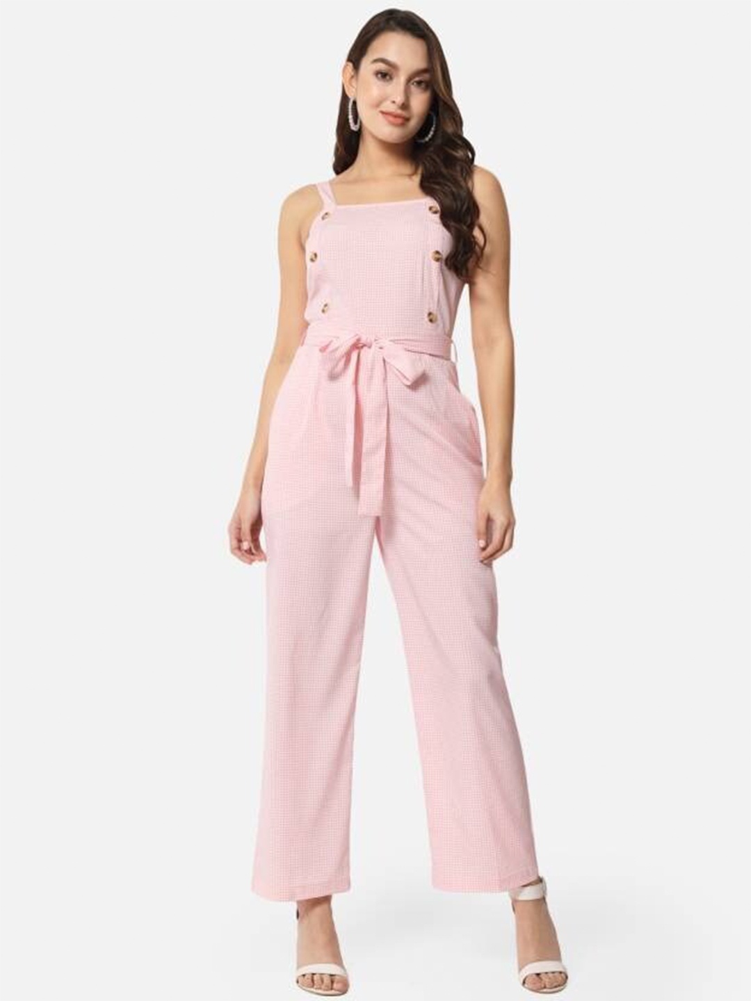 

BAESD Abstract Printed Shoulder Straps Waist Tie-Ups Basic Jumpsuit, Pink