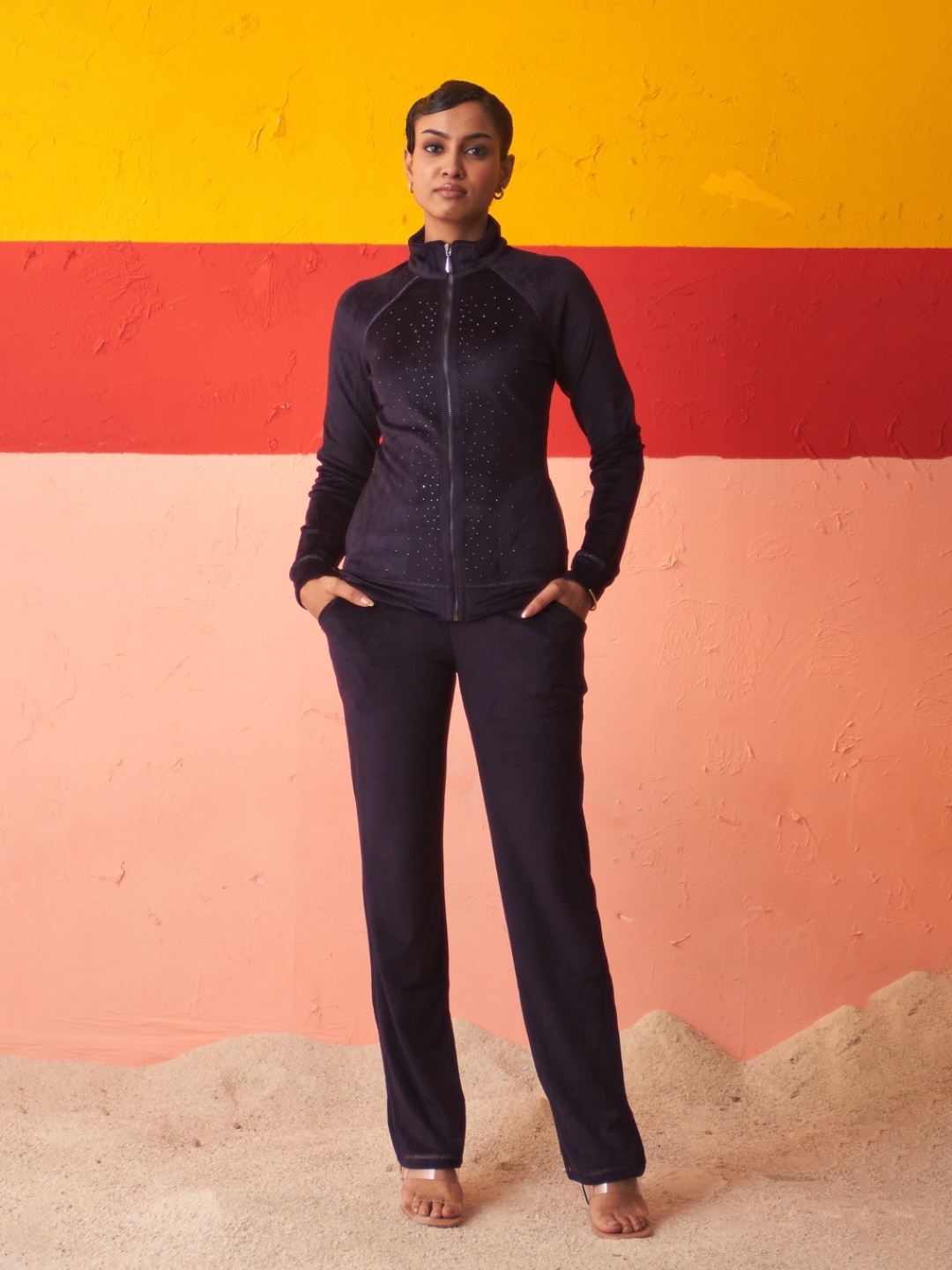 

Lakshita Embellished Velvet Tracksuit, Navy blue