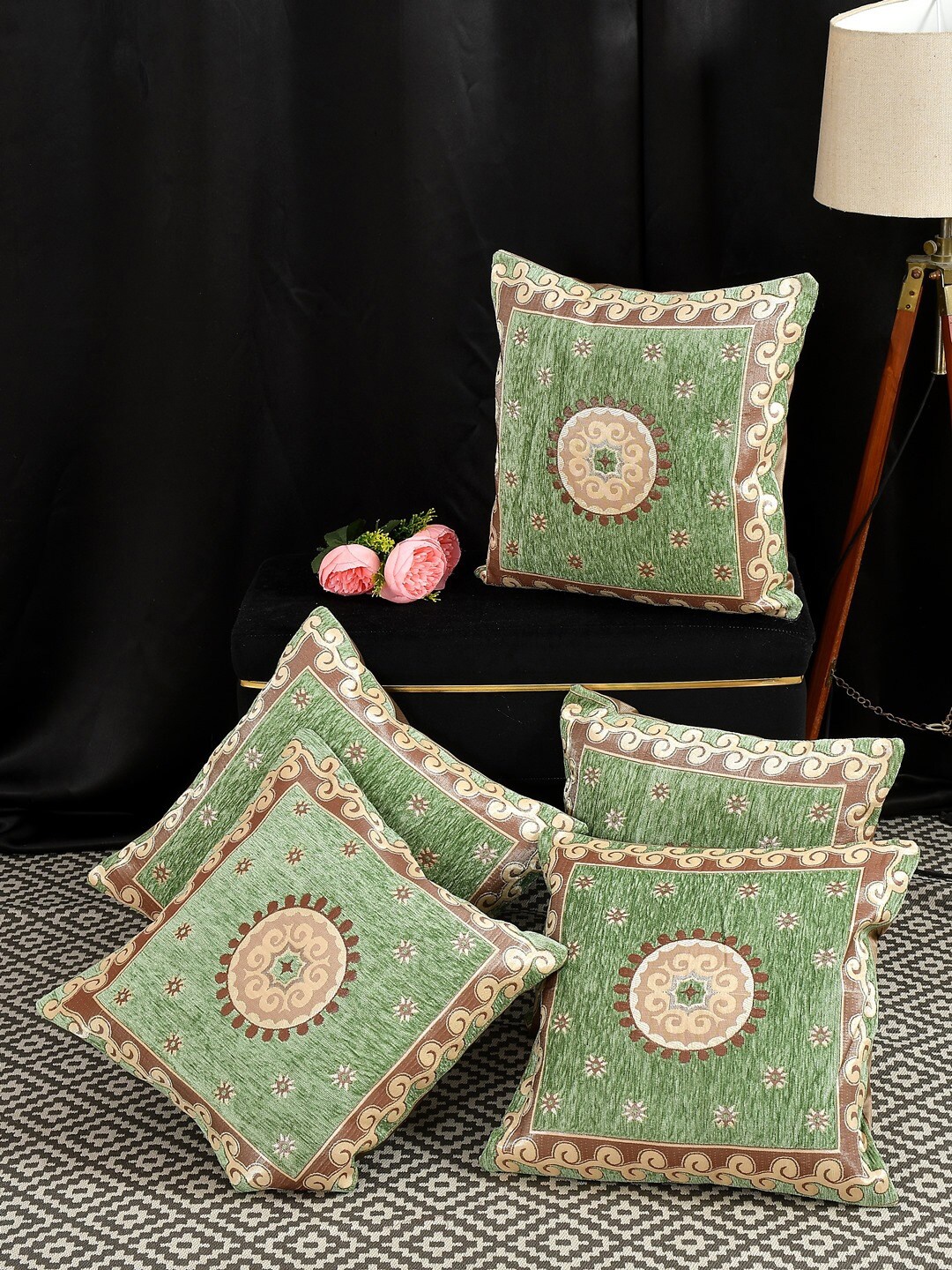 

MULTITEX Green & White 5 Pieces Floral Cotton Square Cushion Covers
