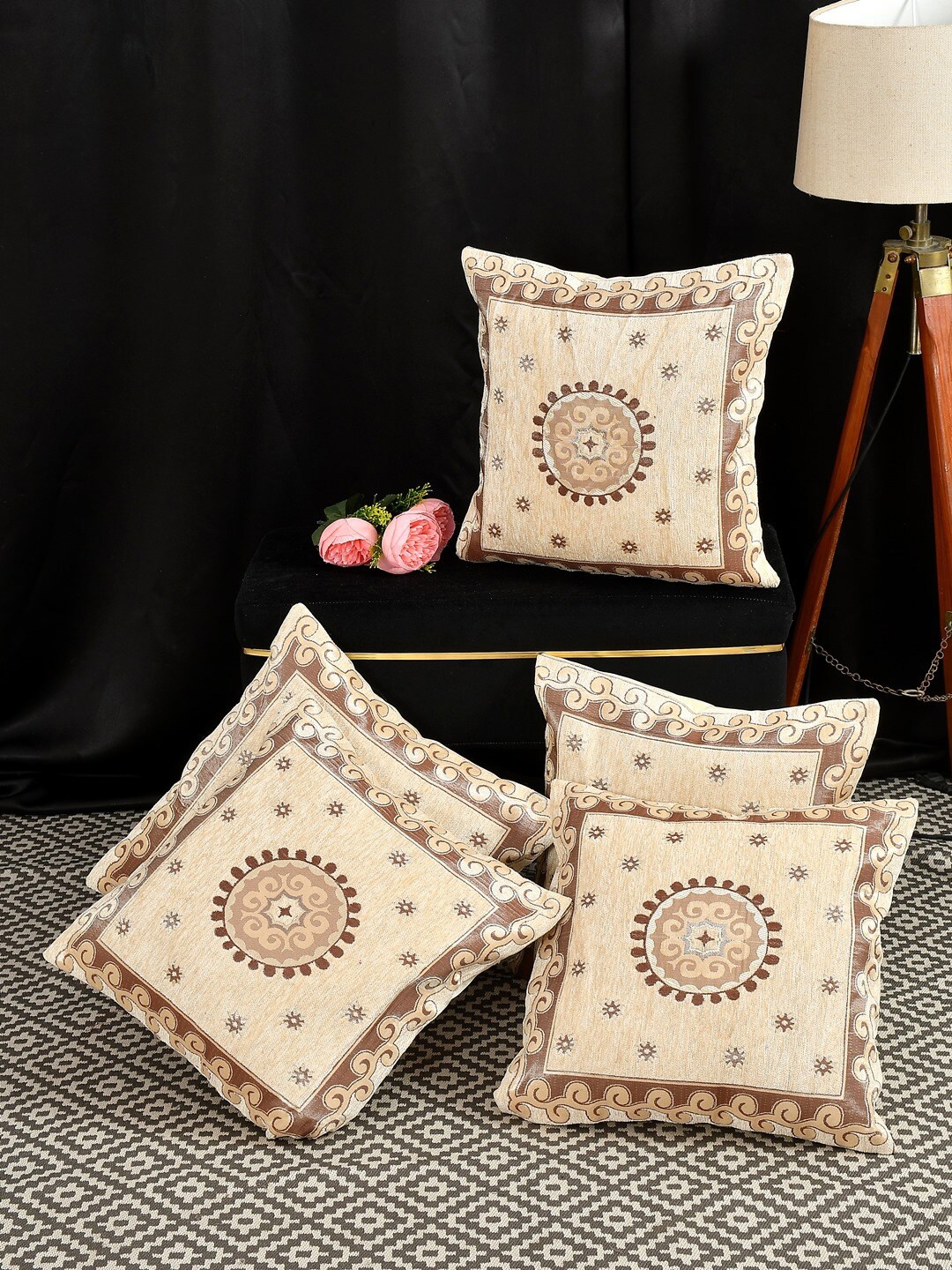 

MULTITEX Beige & Brown 5 Pieces Embroidered Cotton Square Cushion Covers