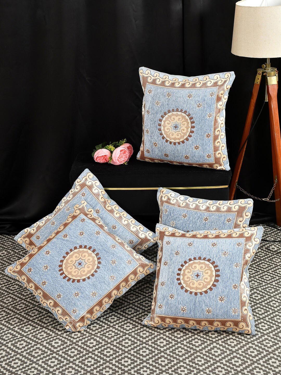 

MULTITEX Turquoise Blue & Brown 5 Pieces Floral Cotton Square Cushion Covers