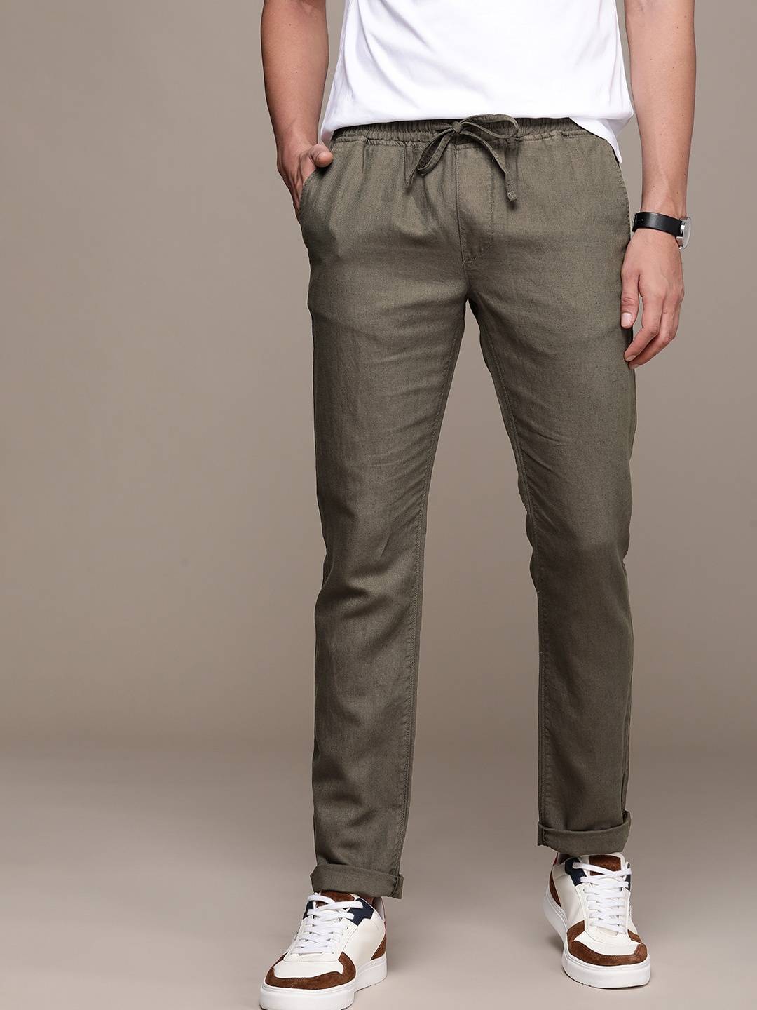 

Nautica Men Linen Cotton Slim Fit Regular Trousers, Olive