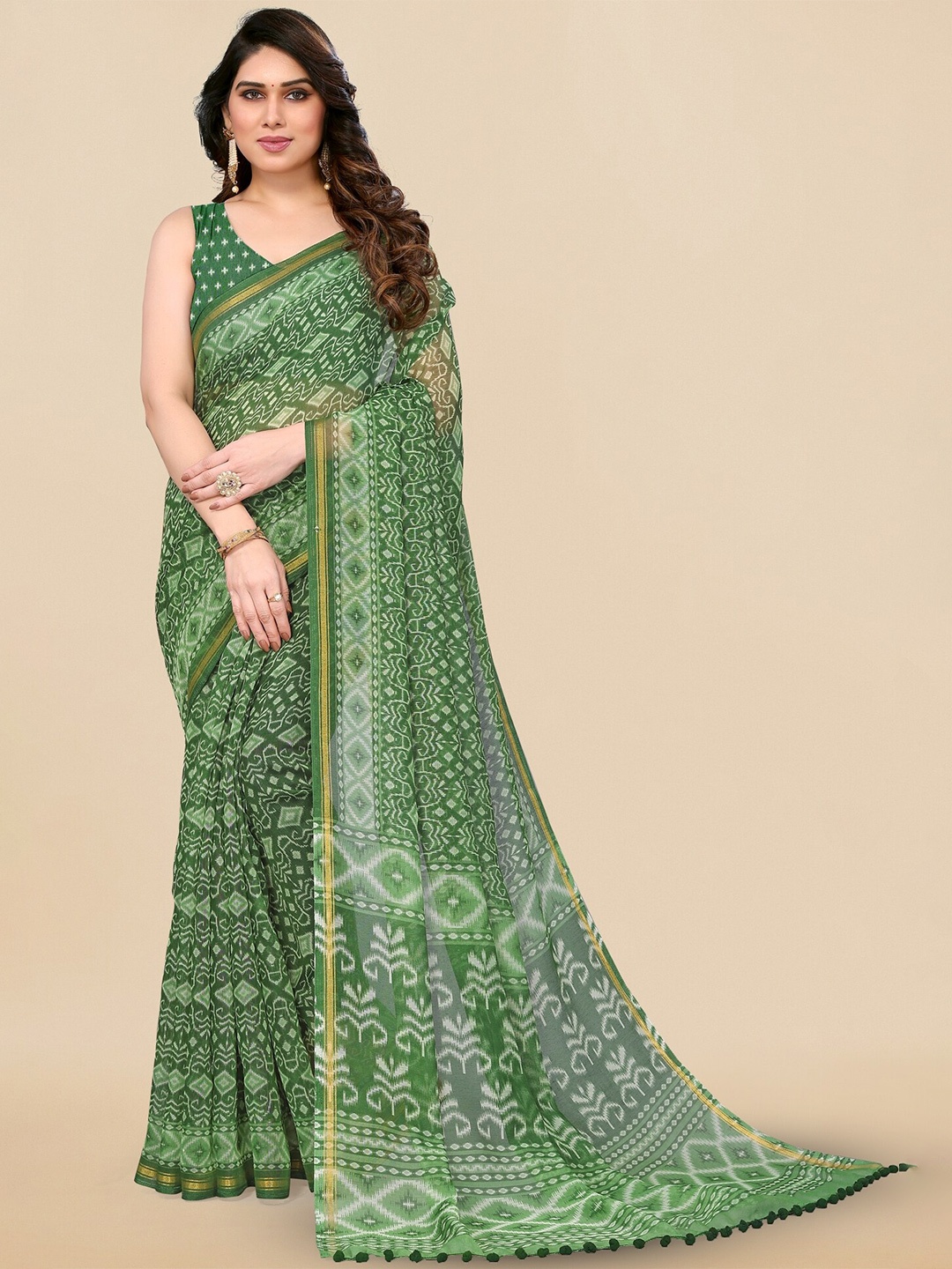 

MIRCHI FASHION Green Ethnic Motifs Printed Zari Detailed Ikat Saree