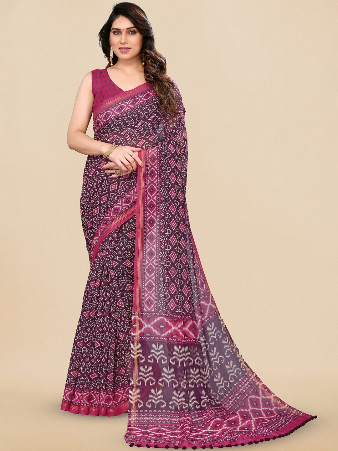 

MIRCHI FASHION Purple & Pink Ethnic Motifs Printed Ikat Saree