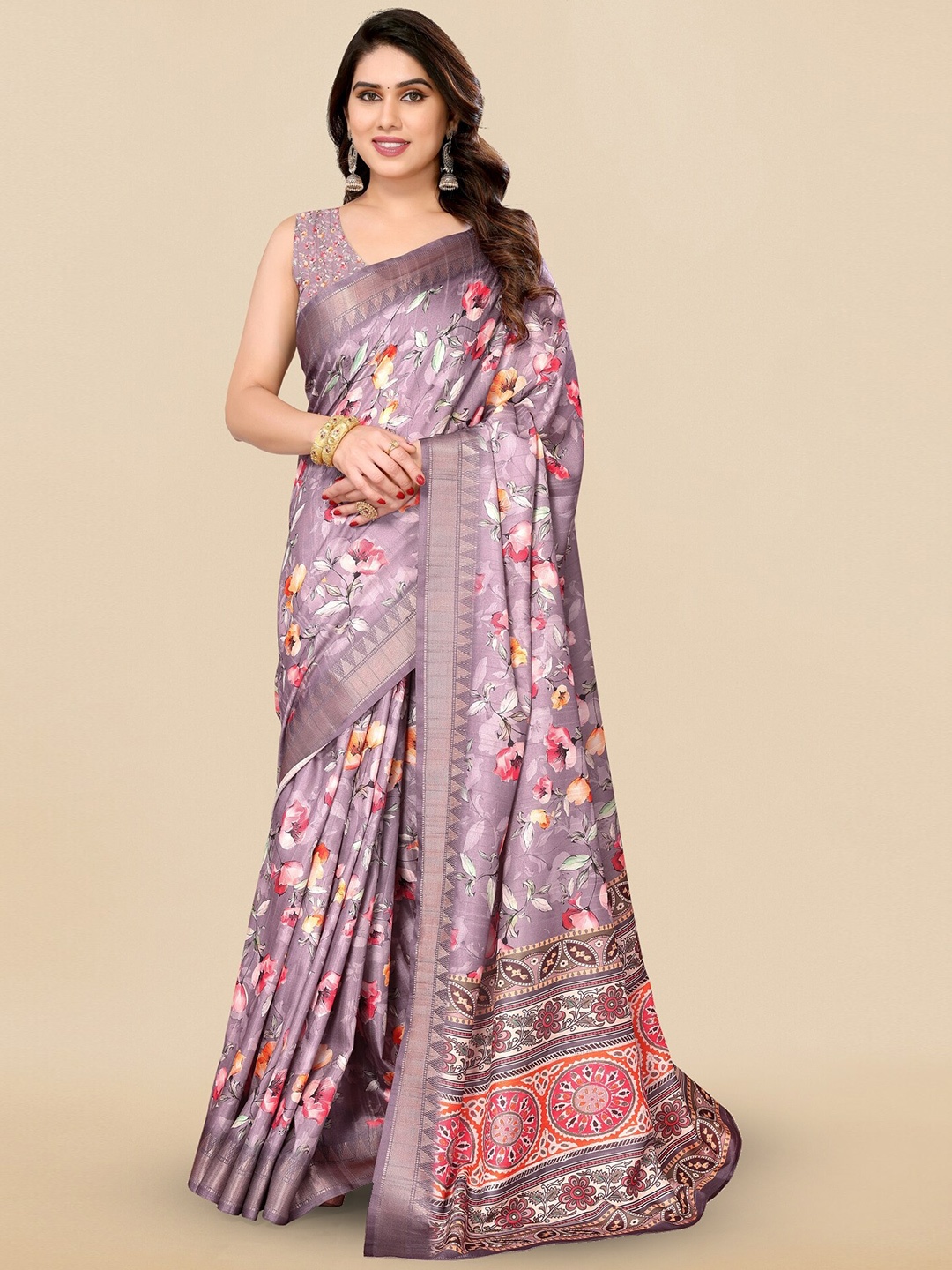 

MIRCHI FASHION Lavender Floral Printed Zari Silk Blend Saree