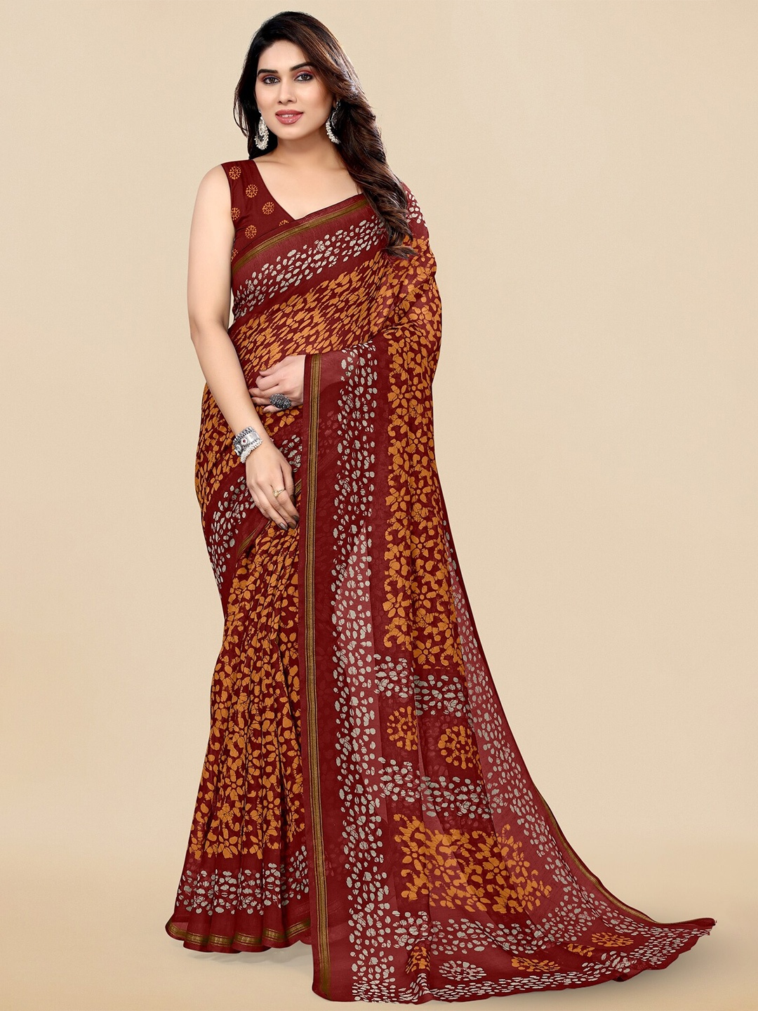 

MIRCHI FASHION Maroon Batik Printed Zari Block Print Saree