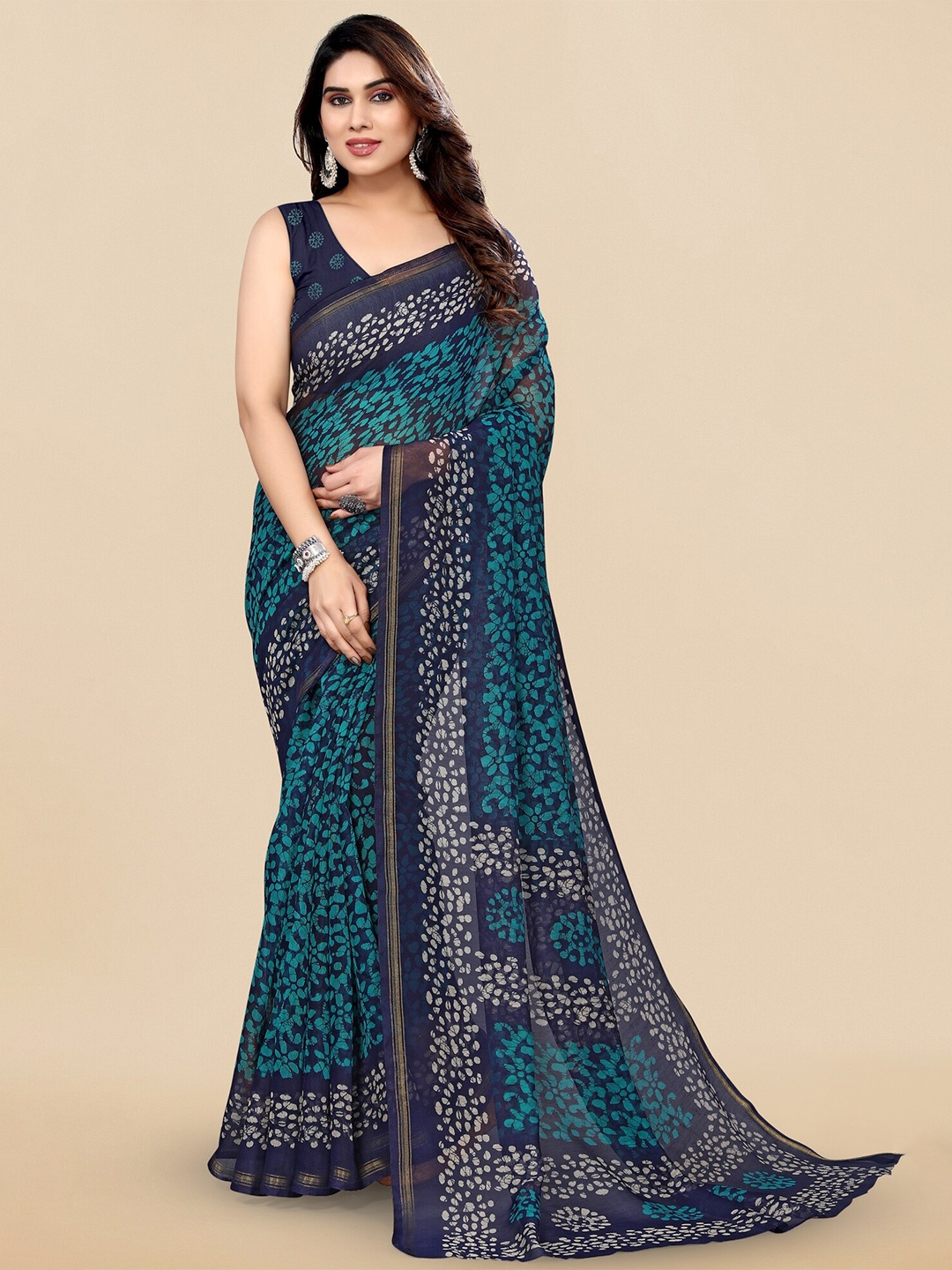 

MIRCHI FASHION Batik Printed Block Print Saree, Turquoise blue