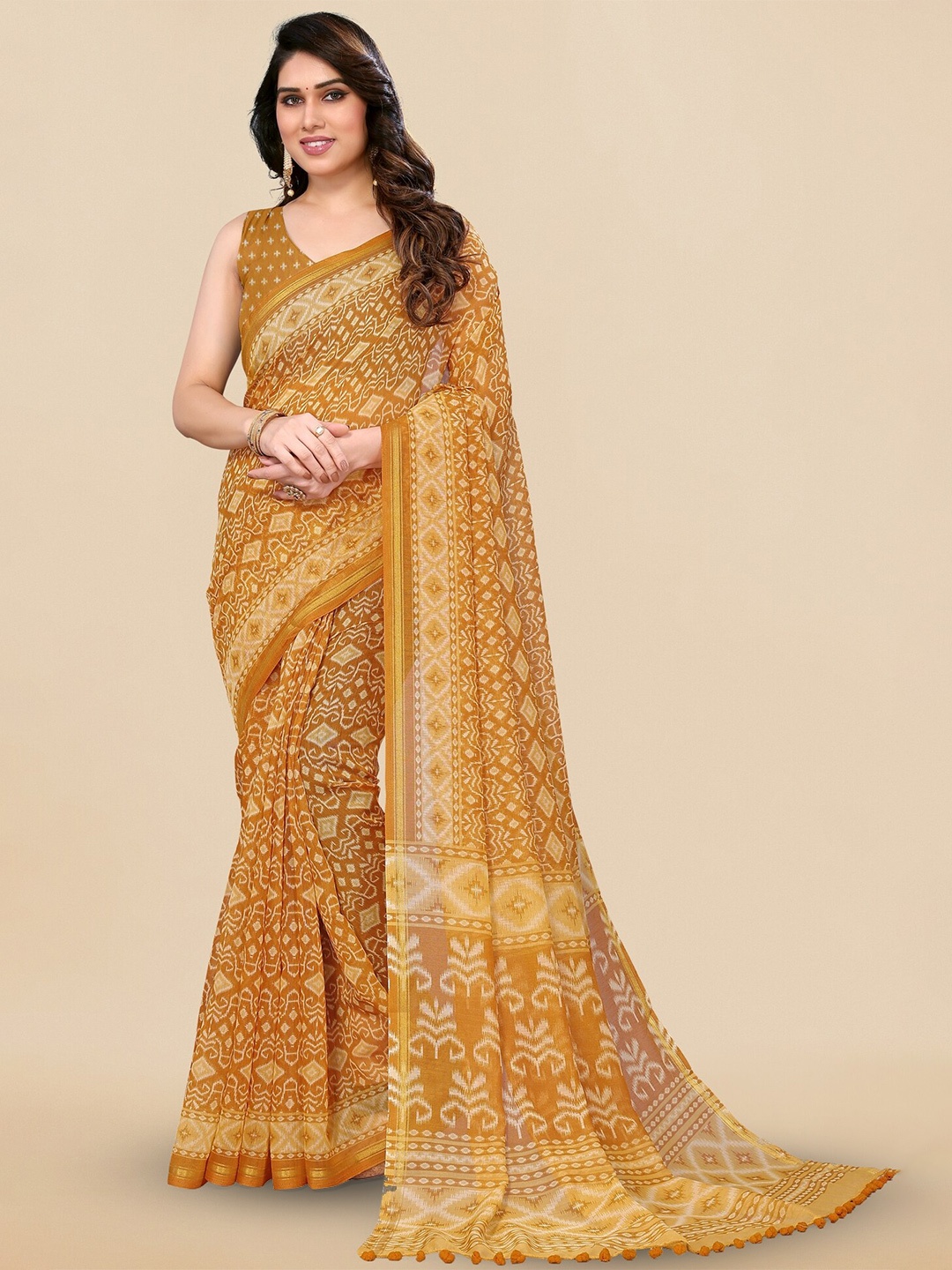 

MIRCHI FASHION Mustard & Off White Ethnic Motifs Printed Ikat Saree