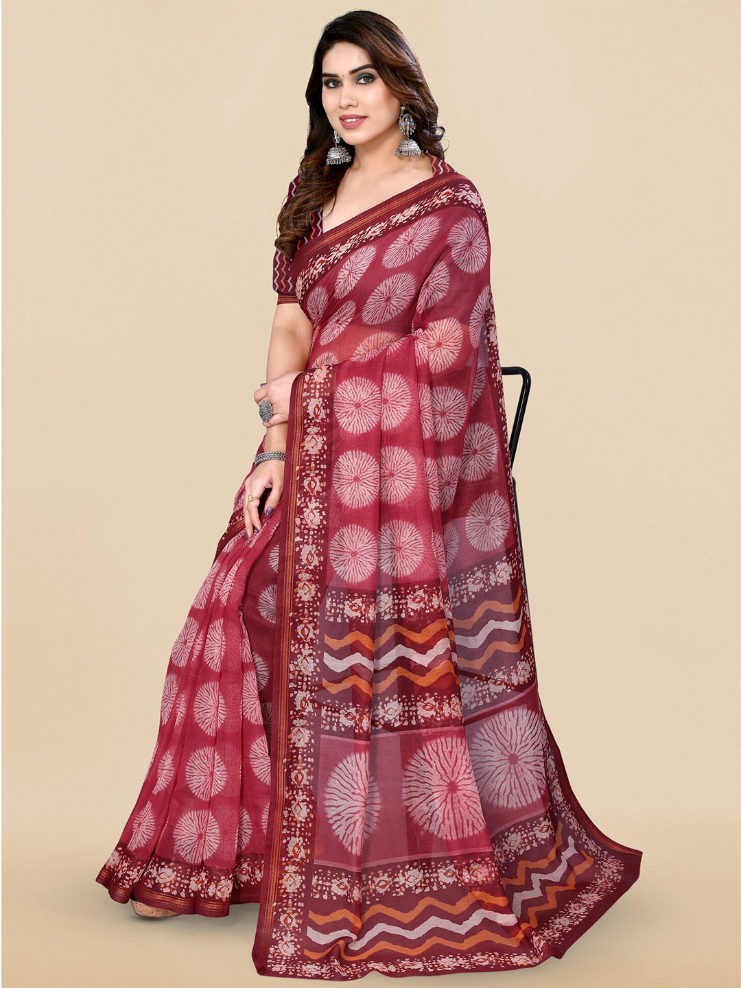 

MIRCHI FASHION Batik Printed Block Print Saree, Maroon