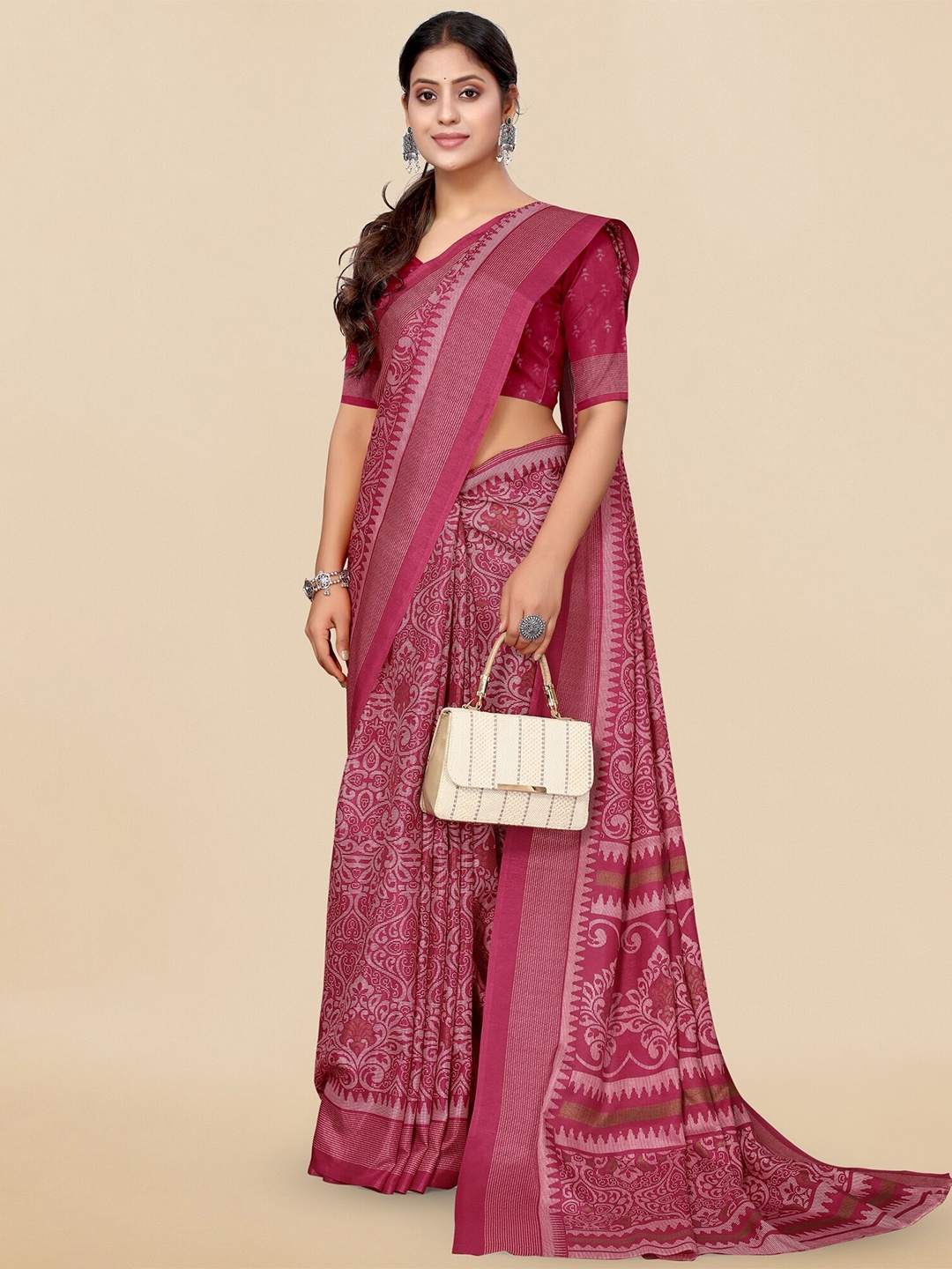 

MIRCHI FASHION Ethnic Motifs Printed Zari Saree, Pink