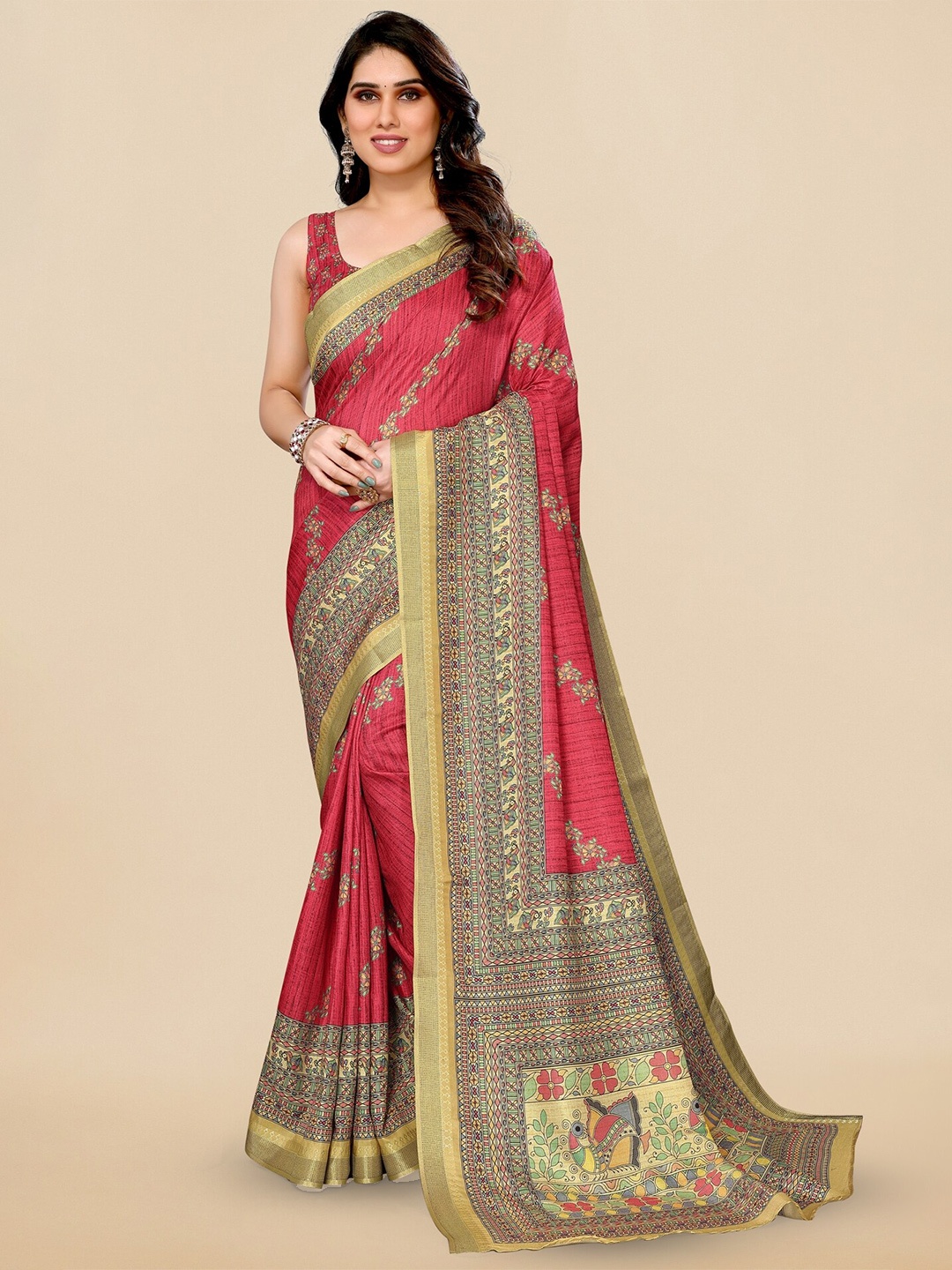 

MIRCHI FASHION Pink & Yellow Madhubani Printed Kantha Work Silk Blend Saree