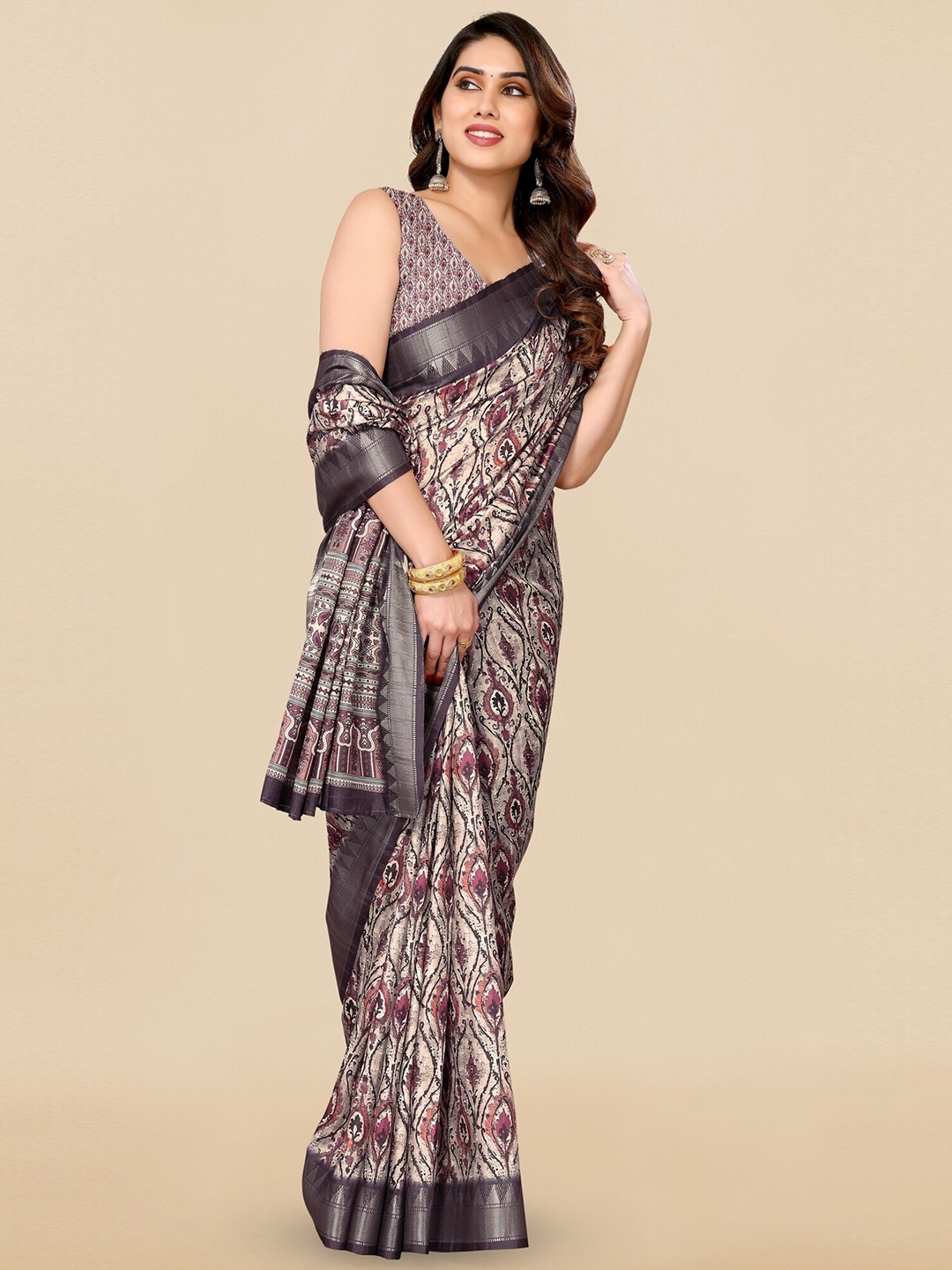 

MIRCHI FASHION Cream-Coloured & Purple Ethnic Motifs Printed Saree