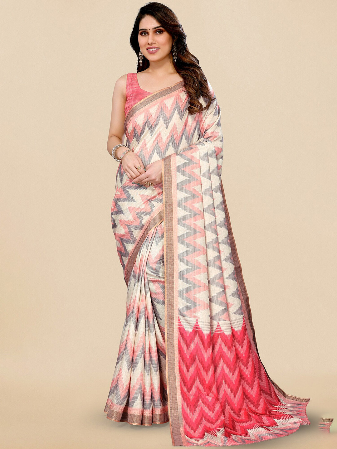 

MIRCHI FASHION Off White Ethnic Motifs Printed Zari Saree