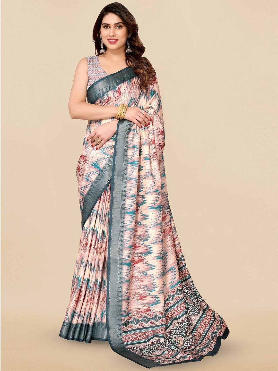 

MIRCHI FASHION Off White & Teal Abstract Printed Silk Blend Saree