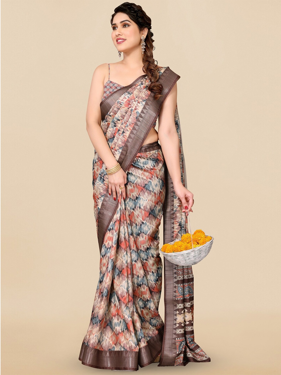 

MIRCHI FASHION Off White & Orange Abstract Printed Ikat Saree
