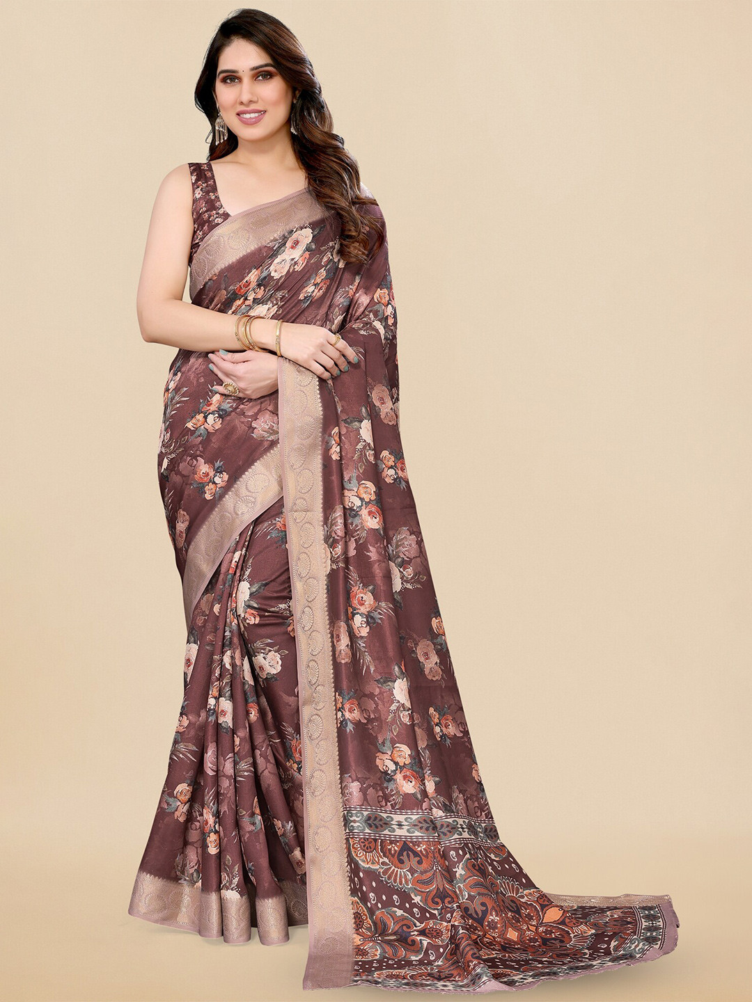 

MIRCHI FASHION Brown Floral Printed Zari Detailed Saree