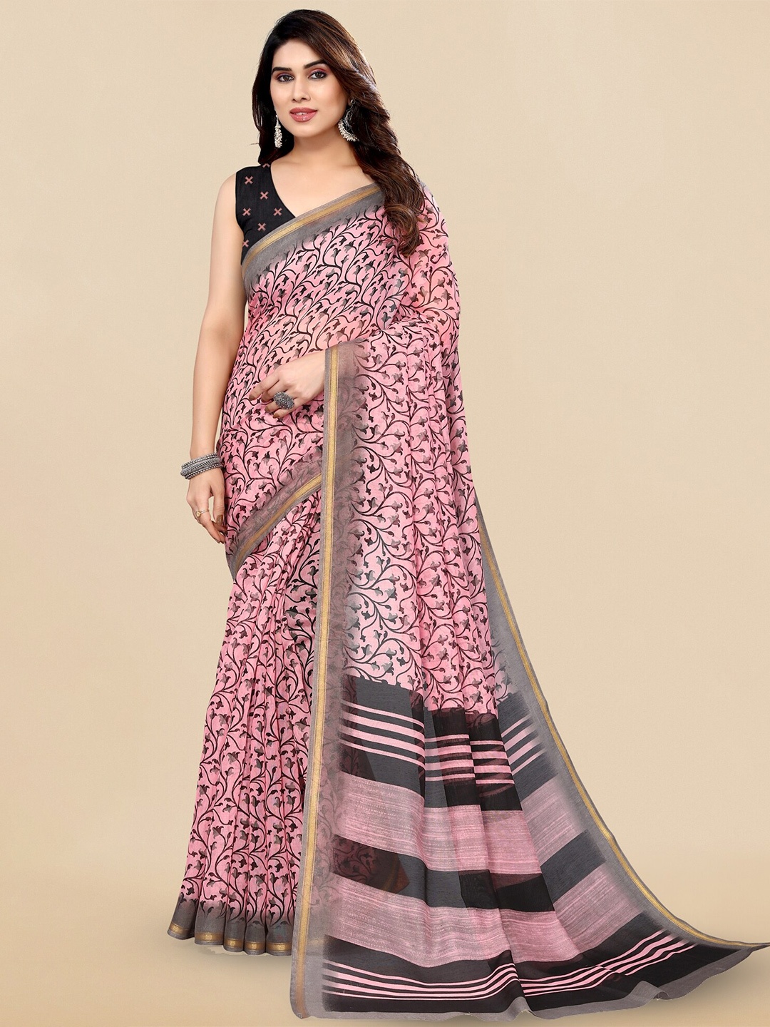 

MIRCHI FASHION Floral Printed Zari Saree, Pink