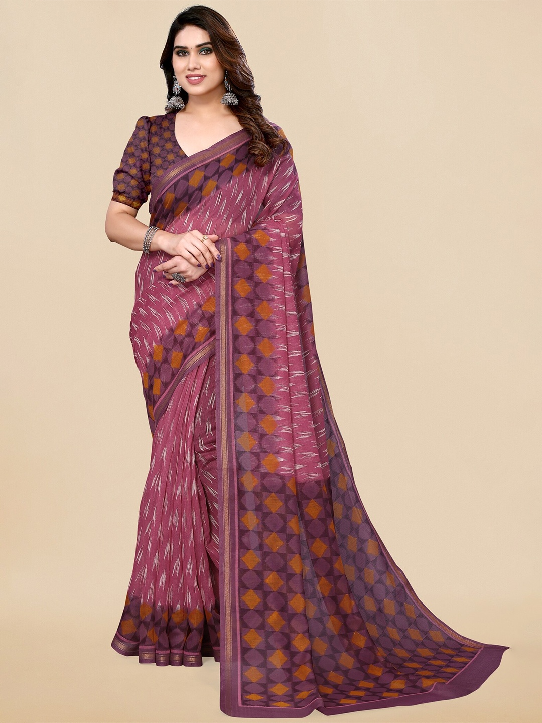 

MIRCHI FASHION Pink & Purple Abstract Printed Block Print Saree