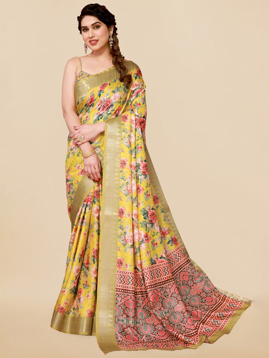 

MIRCHI FASHION Floral Printed Silk Blend Saree, Yellow