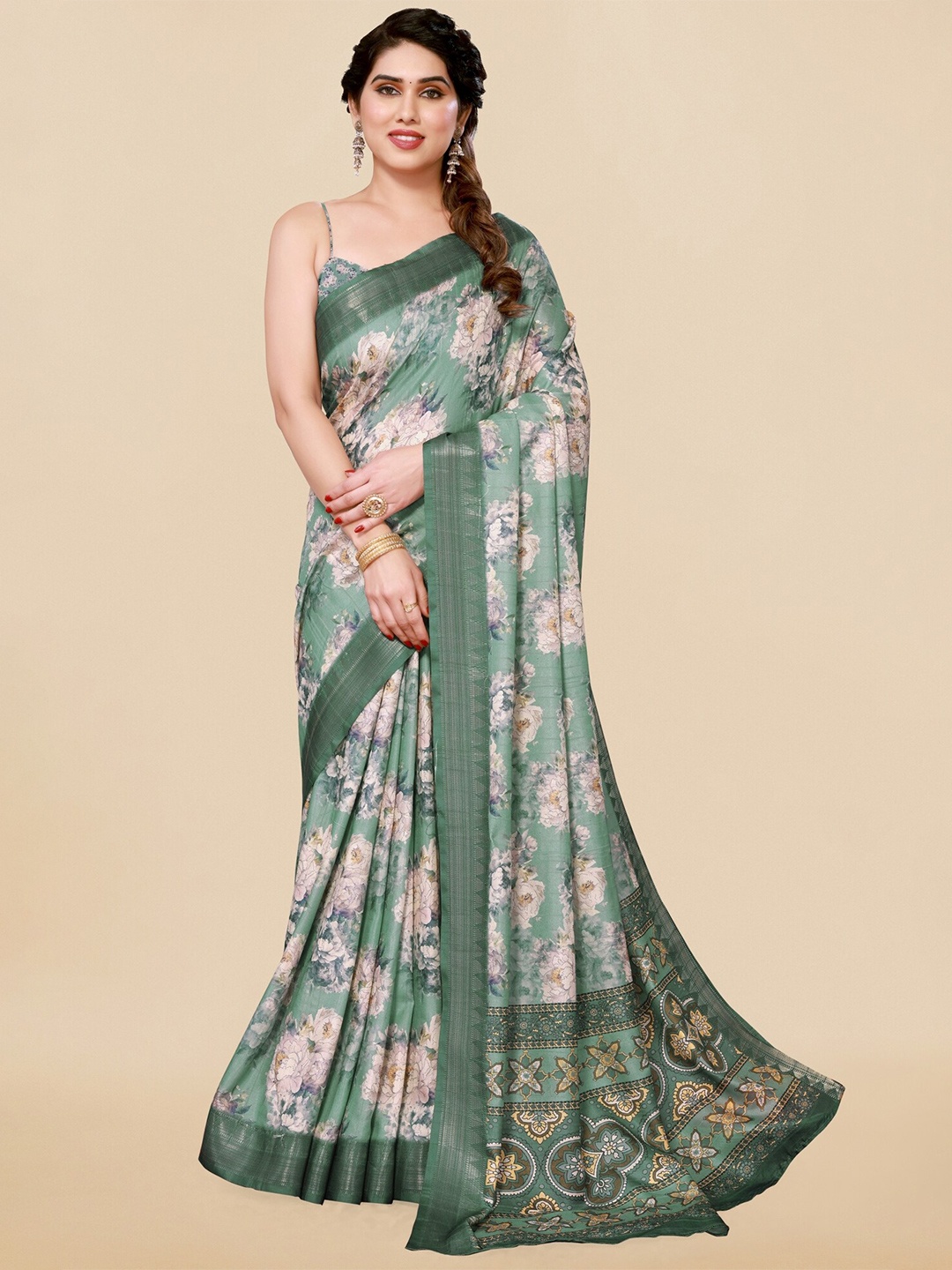 

MIRCHI FASHION Floral Printed Zari Saree, Teal