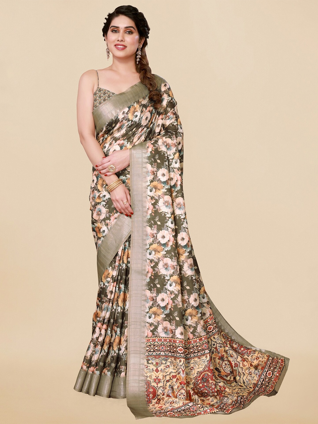 

MIRCHI FASHION Floral Printed Zari Saree, Olive