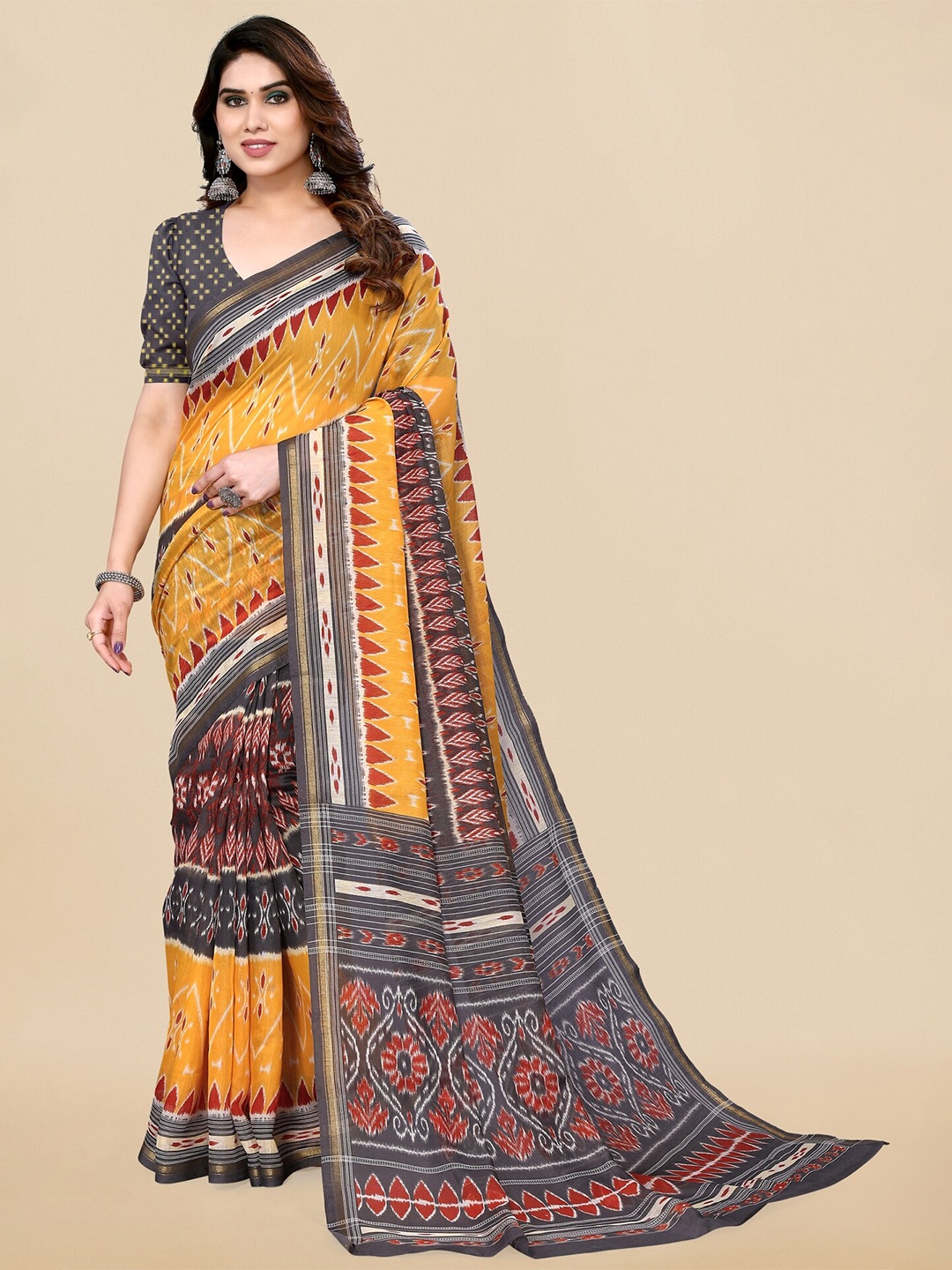 

MIRCHI FASHION Geometric Printed Zari Ikat Saree, Yellow