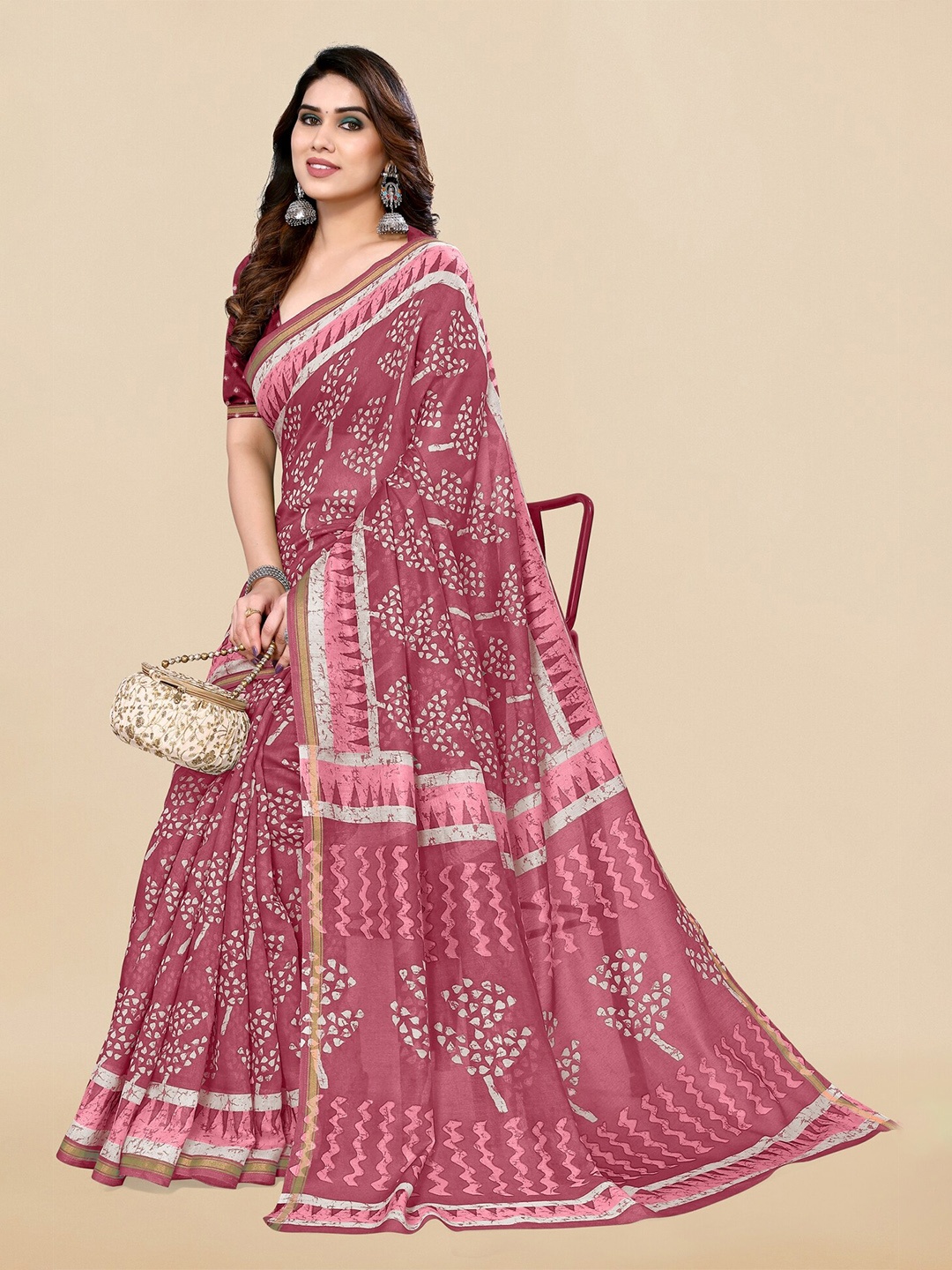 

MIRCHI FASHION Ethnic Motifs Printed Zari Block Print Saree, Pink