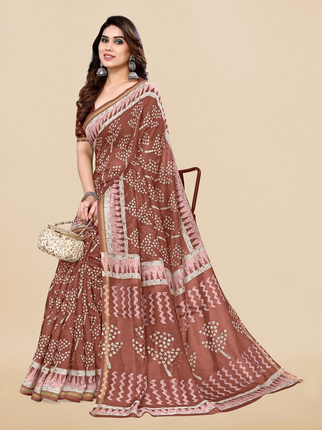 

MIRCHI FASHION Batik Block Print Saree, Brown