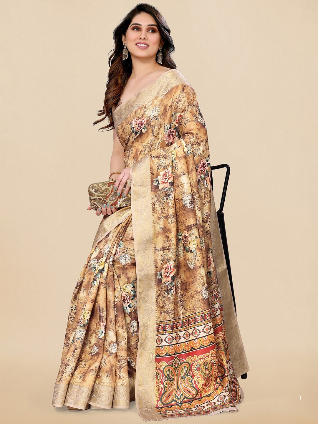 

MIRCHI FASHION Floral Printed Silk Blend Saree, Beige